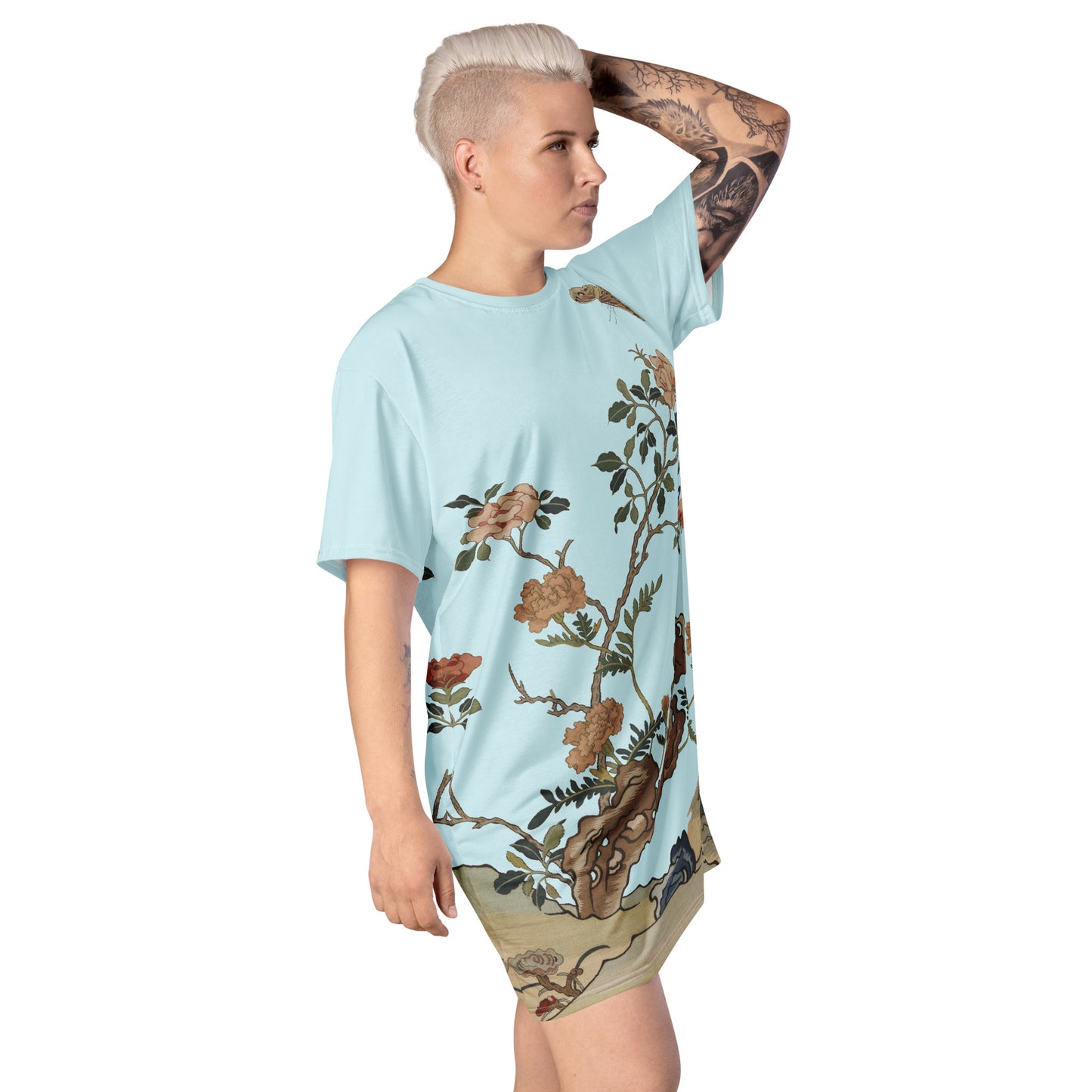 Kesi Flower Album｜Camellia and Butterfly｜T-shirt dress｜Aqua blue