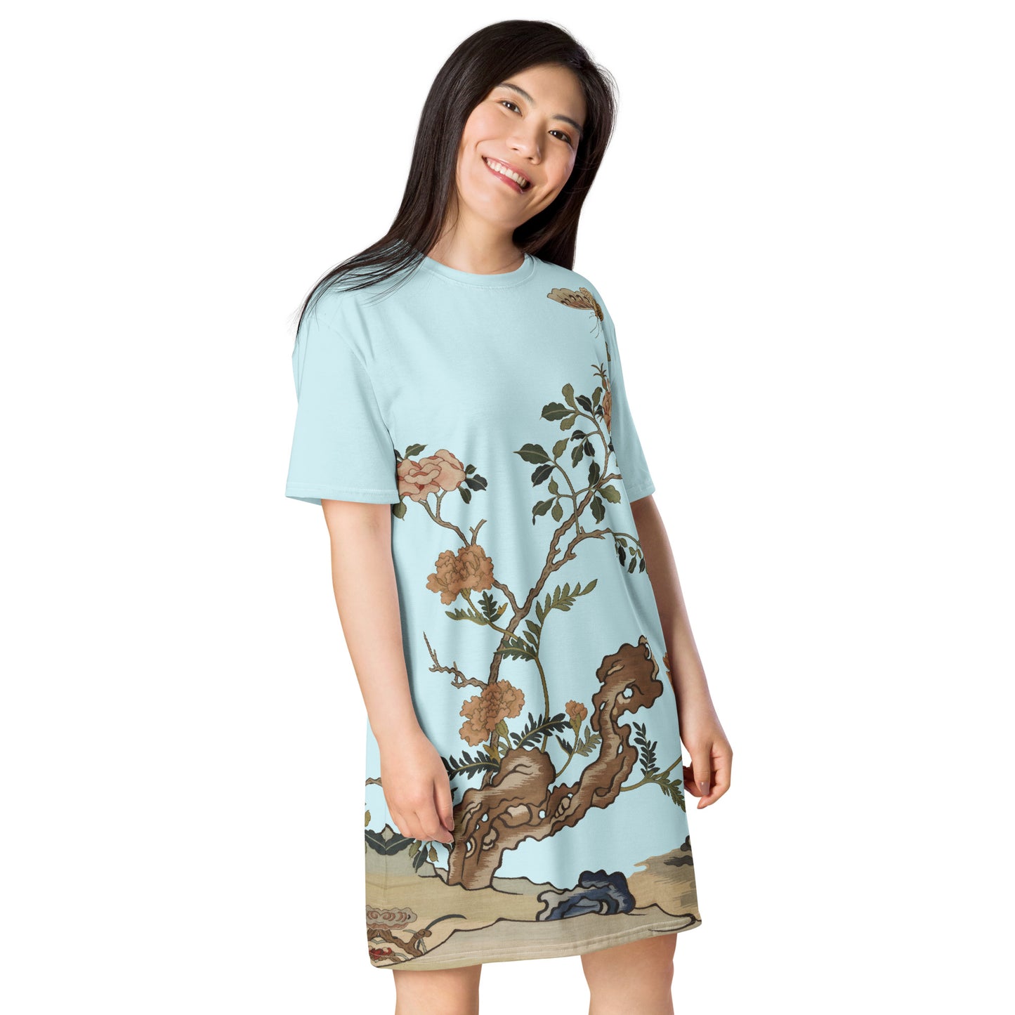 Kesi Flower Album｜Camellia and Butterfly｜T-shirt dress｜Aqua blue