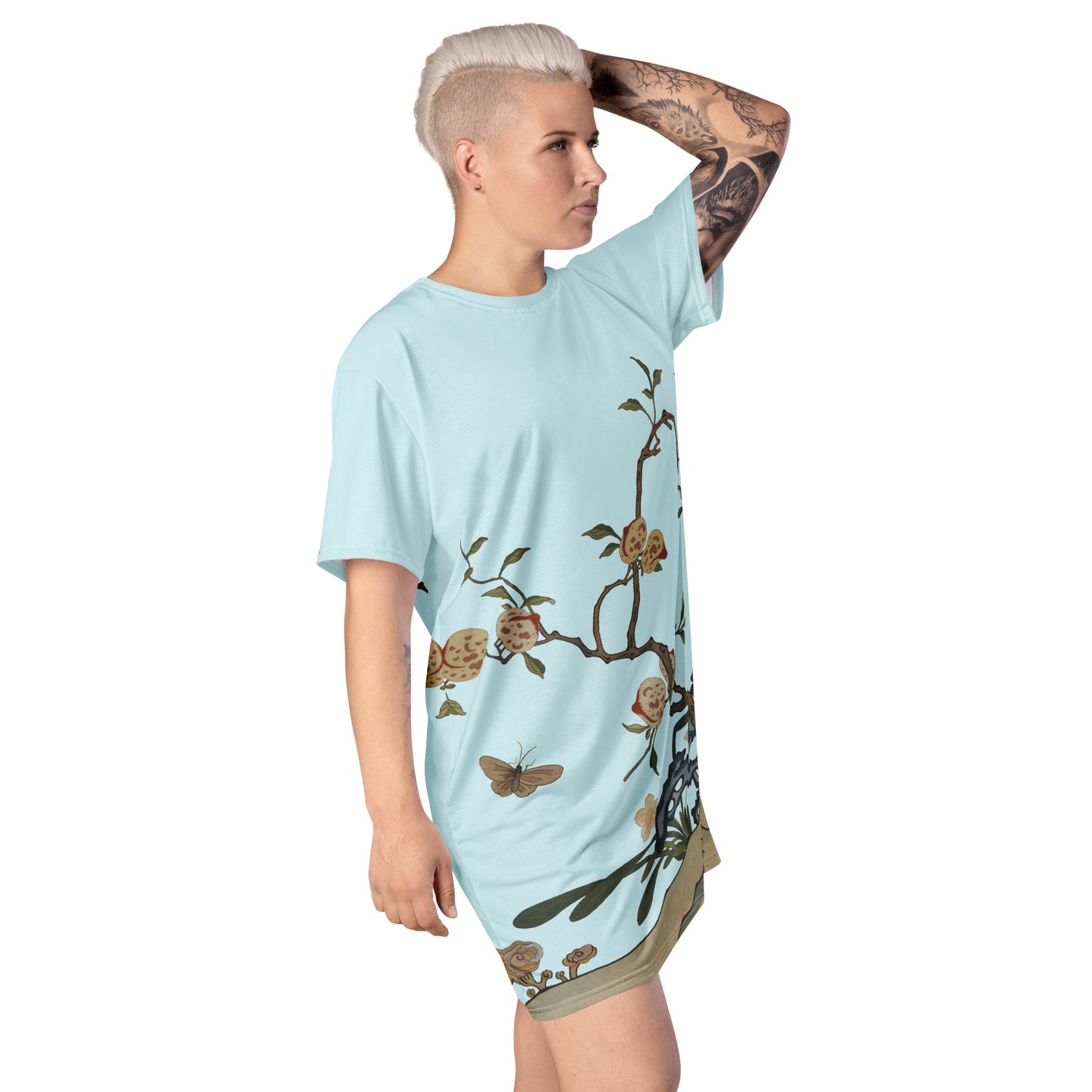 Kesi Flower Album｜Narcissus and Peaches｜T-shirt dress｜Aqua blue