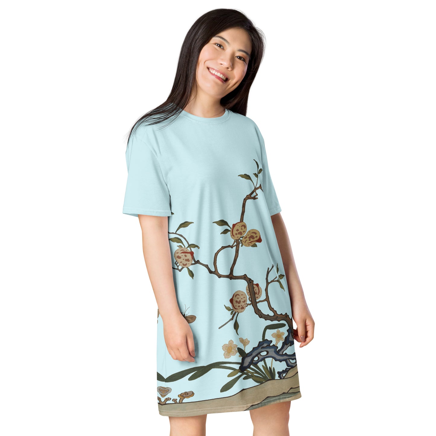 Kesi Flower Album｜Narcissus and Peaches｜T-shirt dress｜Aqua blue