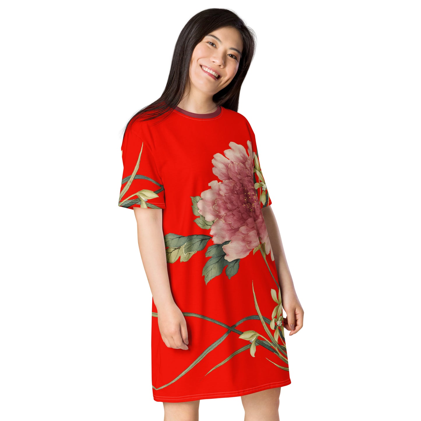 The Spirit of Flowers in Twelve Months｜Orchid and Tree Peony in Bloom｜T-shirt dress｜Garnet red