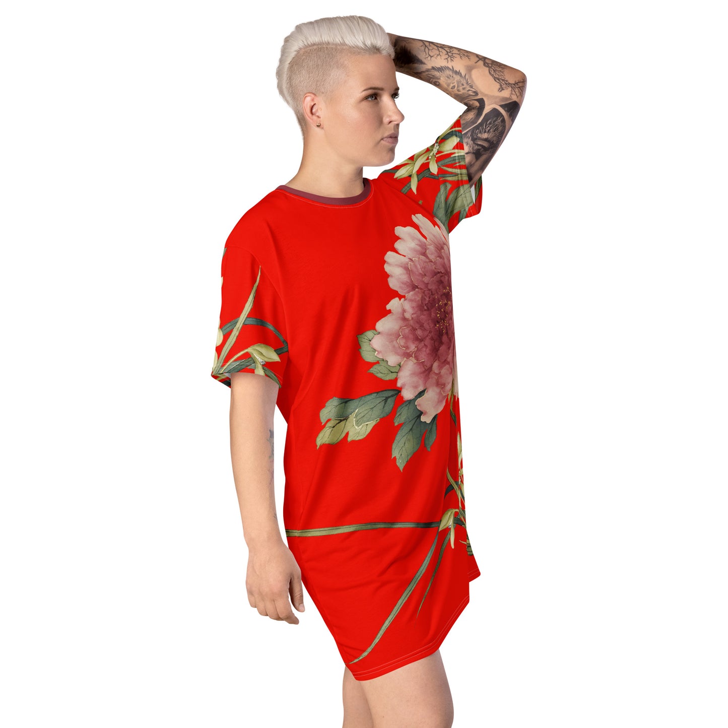 The Spirit of Flowers in Twelve Months｜Orchid and Tree Peony in Bloom｜T-shirt dress｜Garnet red