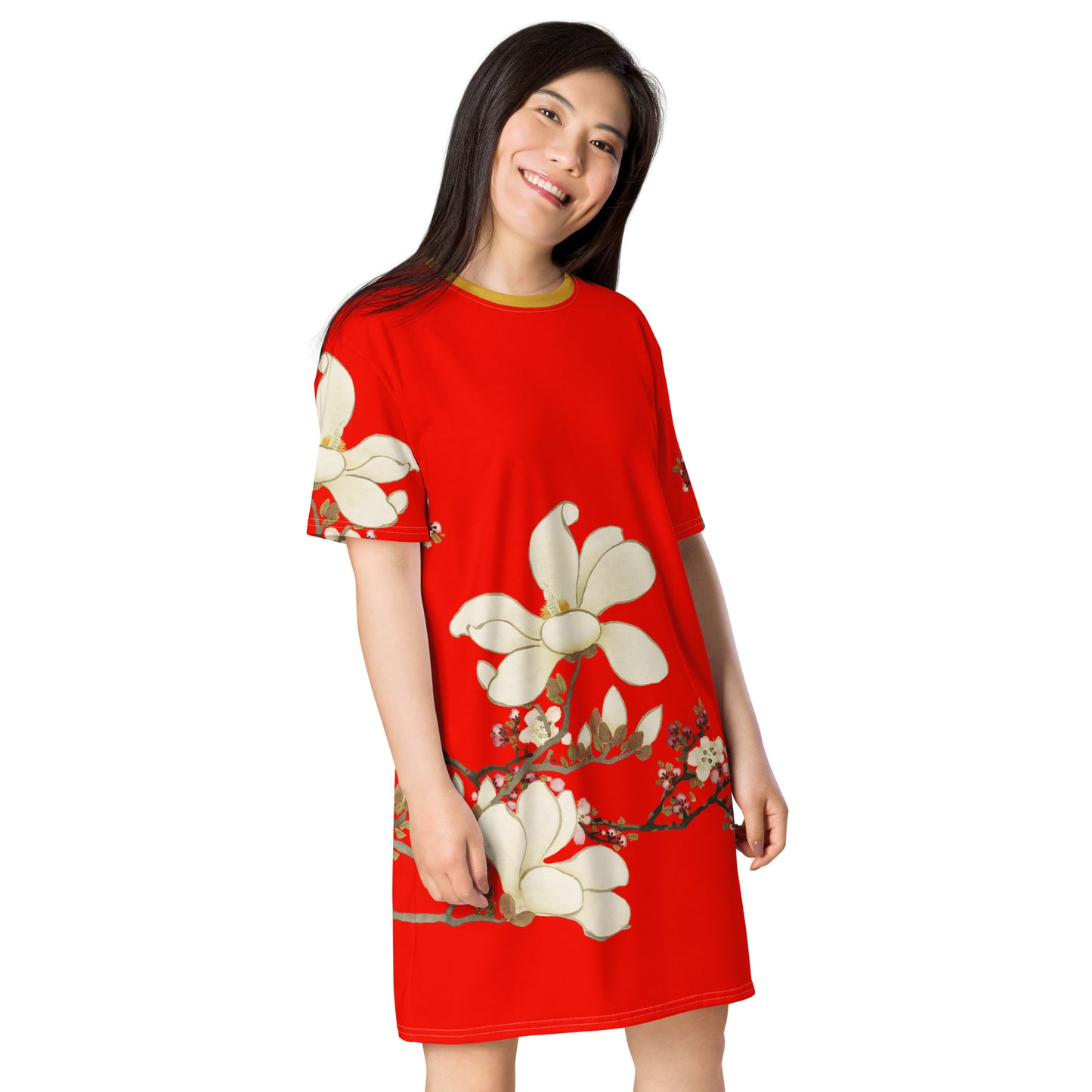 The Spirit of Flowers in Twelve Months｜Apricot and Lily Magnolia in Blossom｜T-shirt dress｜Garnet red