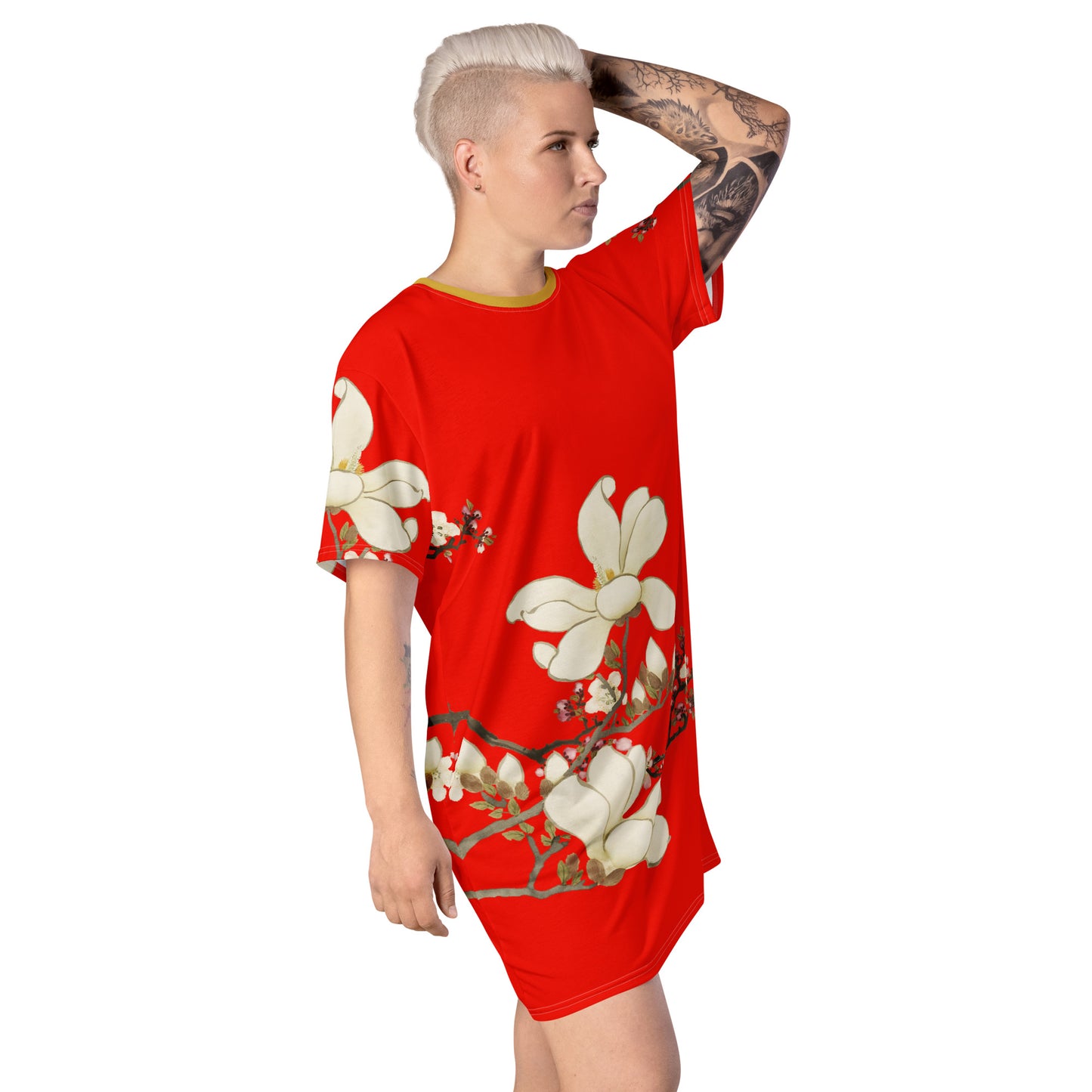 The Spirit of Flowers in Twelve Months｜Apricot and Lily Magnolia in Blossom｜T-shirt dress｜Garnet red