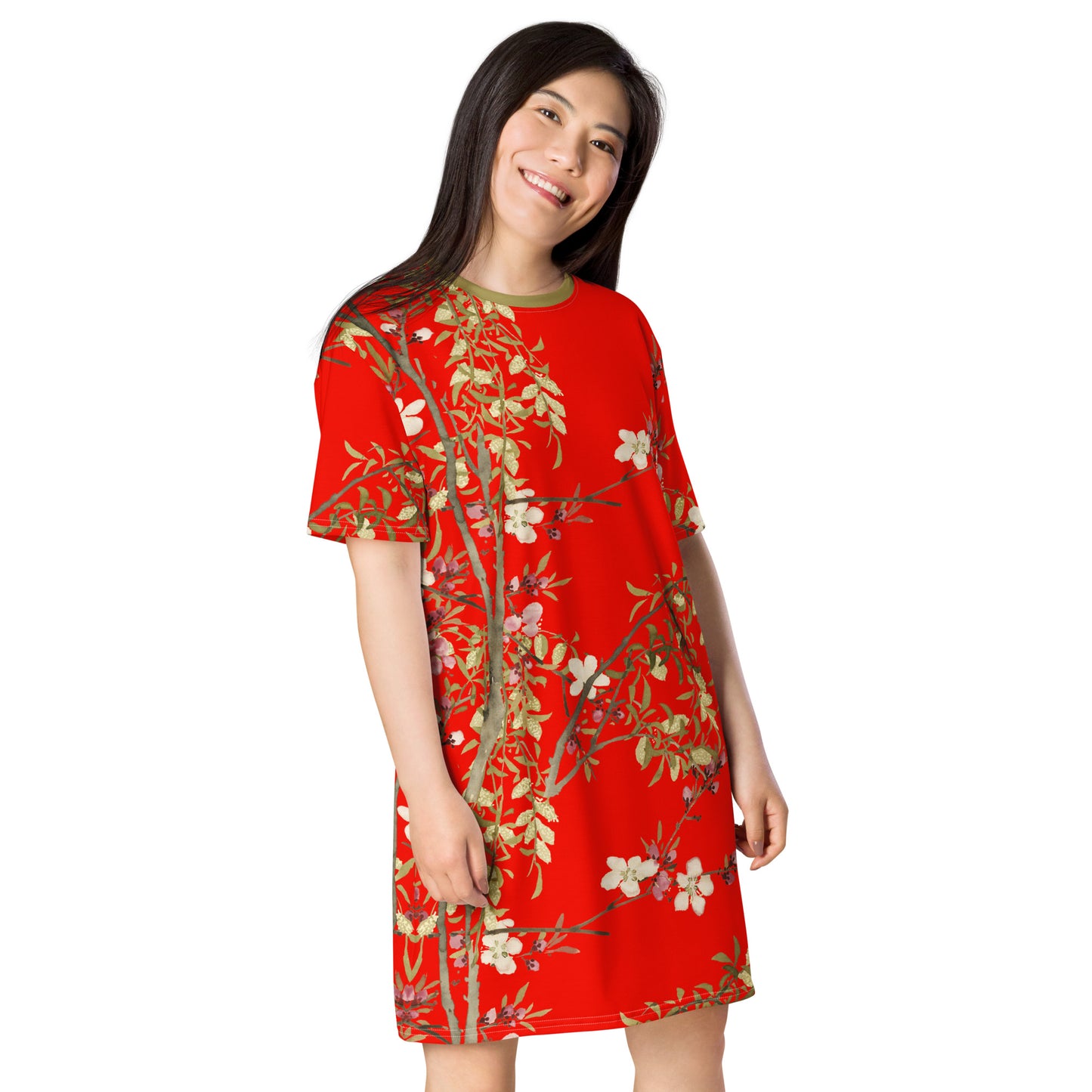 The Spirit of Flowers in Twelve Months｜Willow and Peach Blossom｜T-shirt dress｜Garnet red