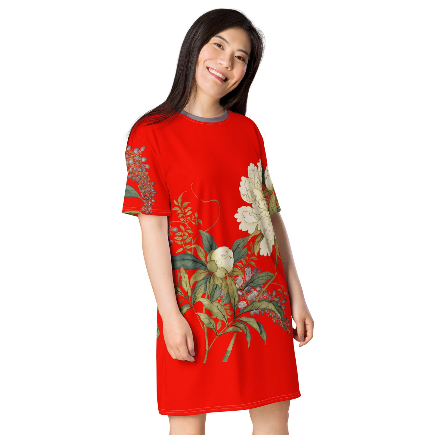 The Spirit of Flowers in Twelve Months｜Chinese Peony and Wisteria in Bloom｜T-shirt dress｜Garnet red