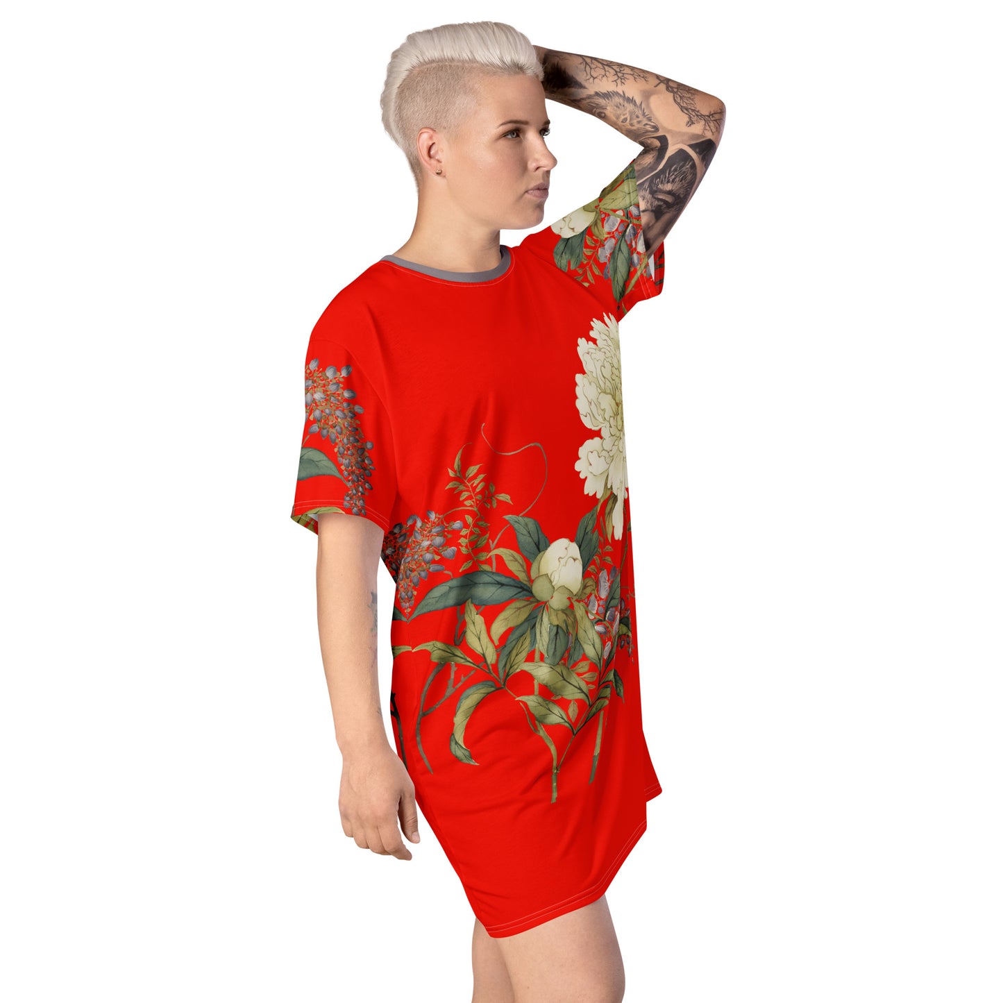 The Spirit of Flowers in Twelve Months｜Chinese Peony and Wisteria in Bloom｜T-shirt dress｜Garnet red