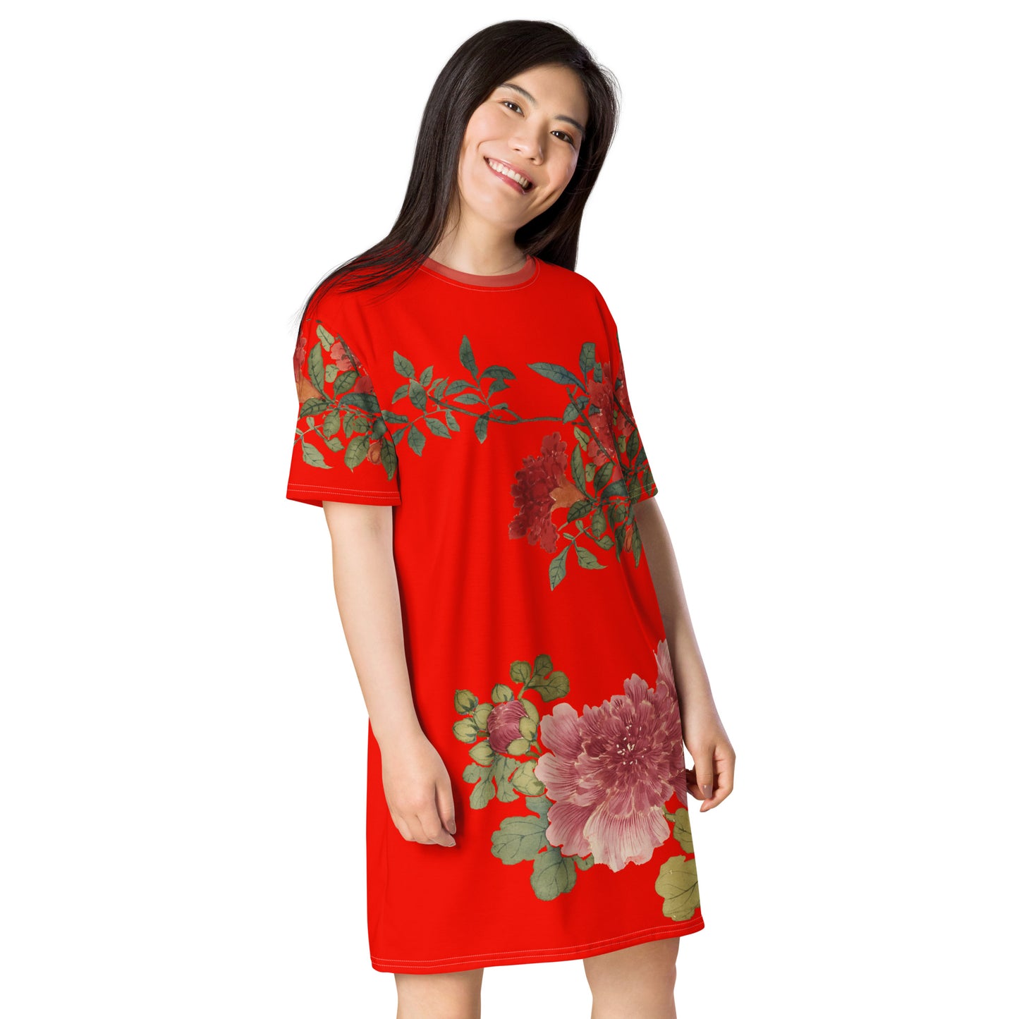 The Spirit of Flowers in Twelve Months｜Hollyhock and Pomegranate in Bloom｜T-shirt dress｜Garnet red