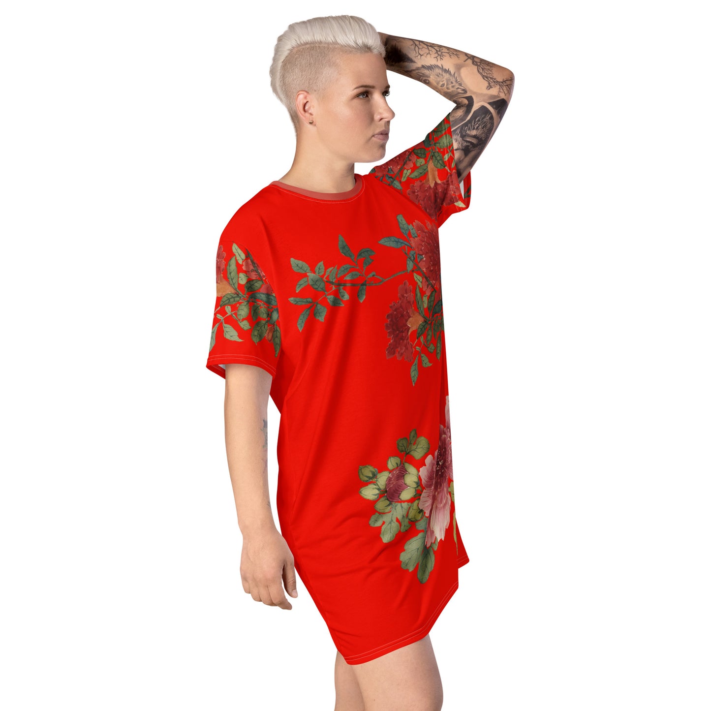 The Spirit of Flowers in Twelve Months｜Hollyhock and Pomegranate in Bloom｜T-shirt dress｜Garnet red