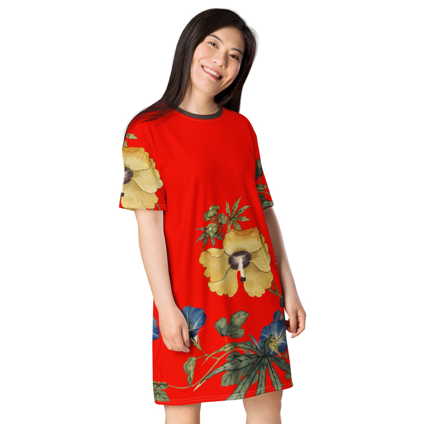 The Spirit of Flowers in Twelve Months｜Okra and White-edged Morning Glory in Bloom｜T-shirt dress｜Garnet red