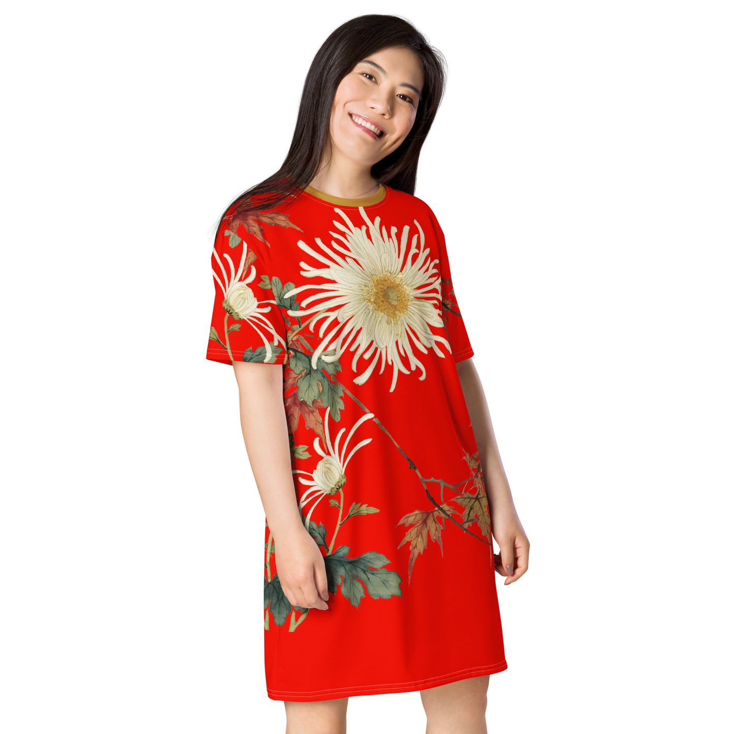 The Spirit of Flowers in Twelve Months｜Blooming Chrysanthemum and Maple Leaves｜T-shirt dress｜Garnet red