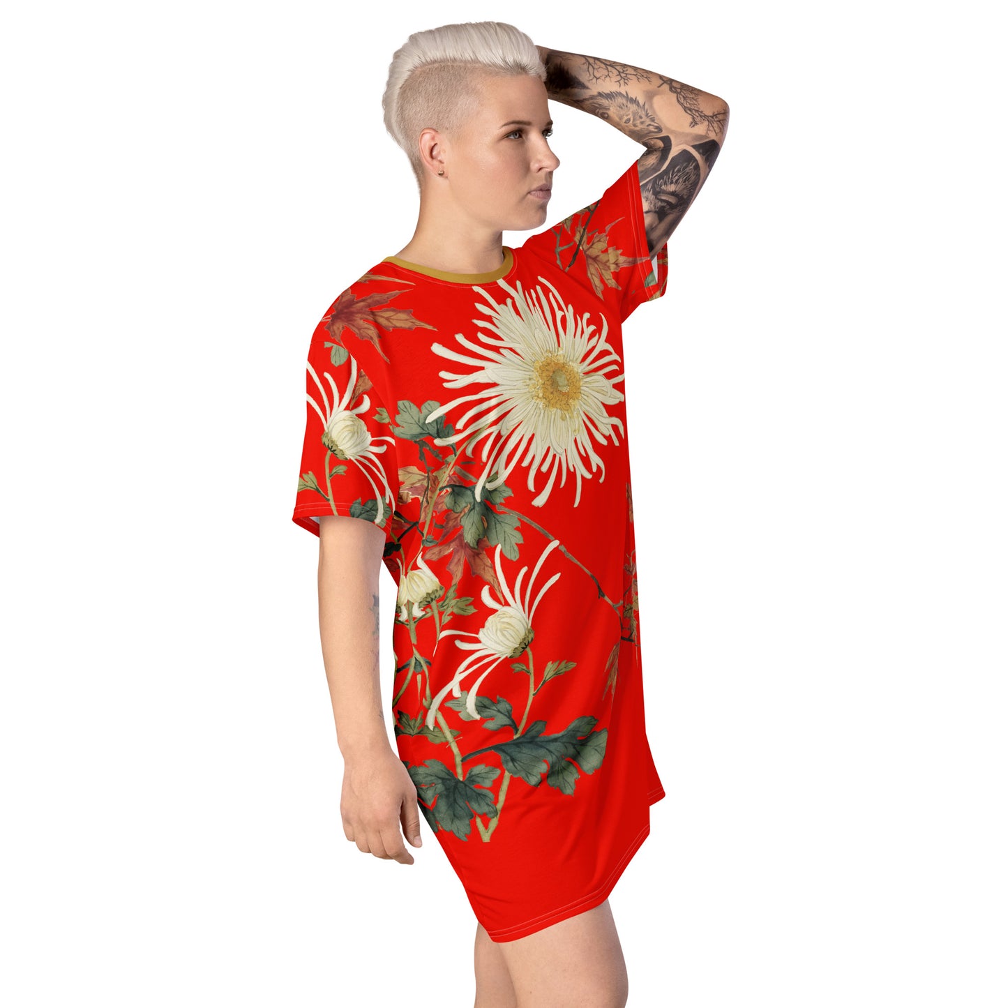 The Spirit of Flowers in Twelve Months｜Blooming Chrysanthemum and Maple Leaves｜T-shirt dress｜Garnet red