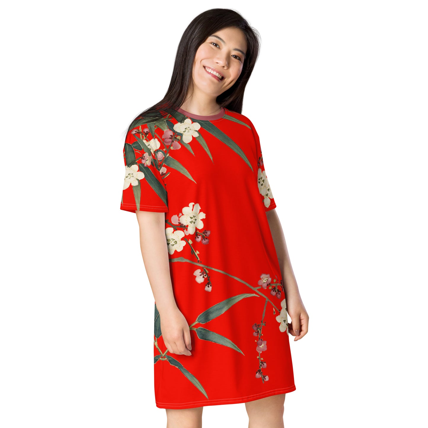 The Spirit of Flowers in Twelve Months｜Crimson Plum Blossom and Lush Green Bamboo｜T-shirt dress｜Garnet red