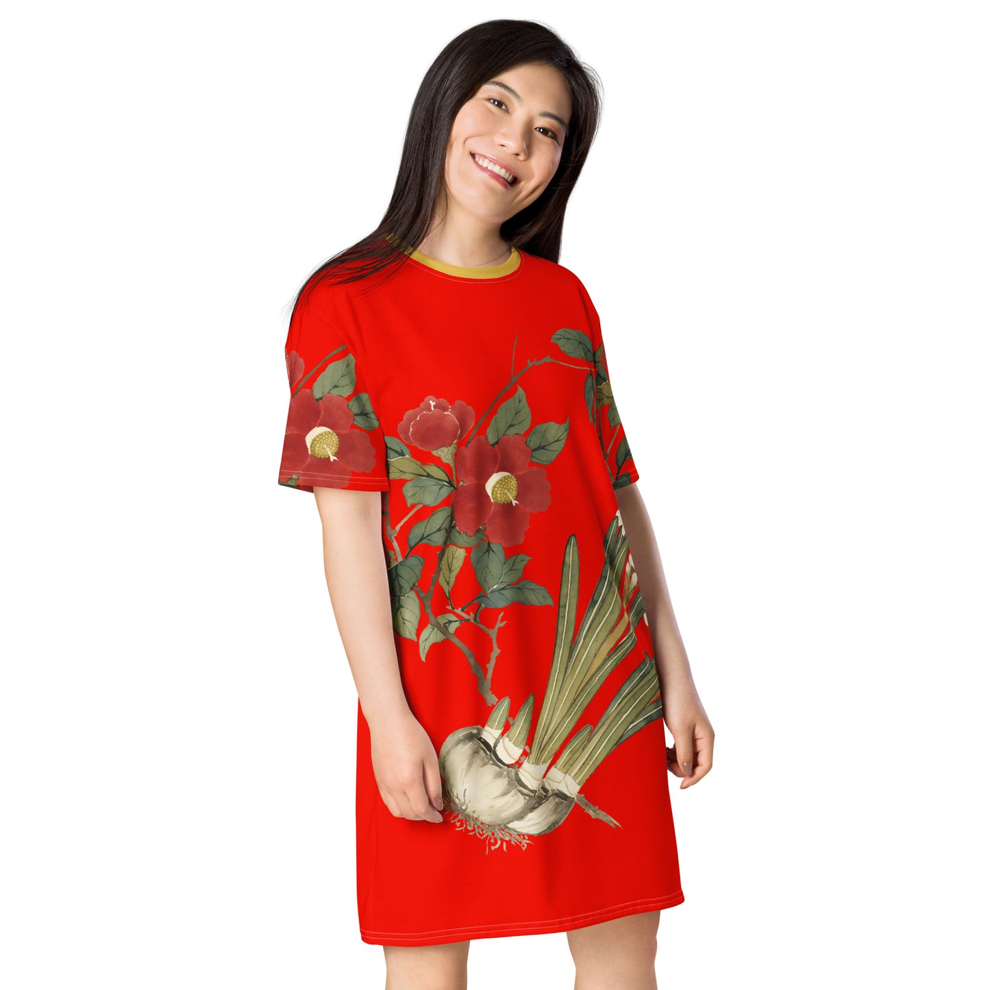 The Spirit of Flowers in Twelve Months｜Narcissus and Camelia in Bloom｜T-shirt dress｜Garnet red