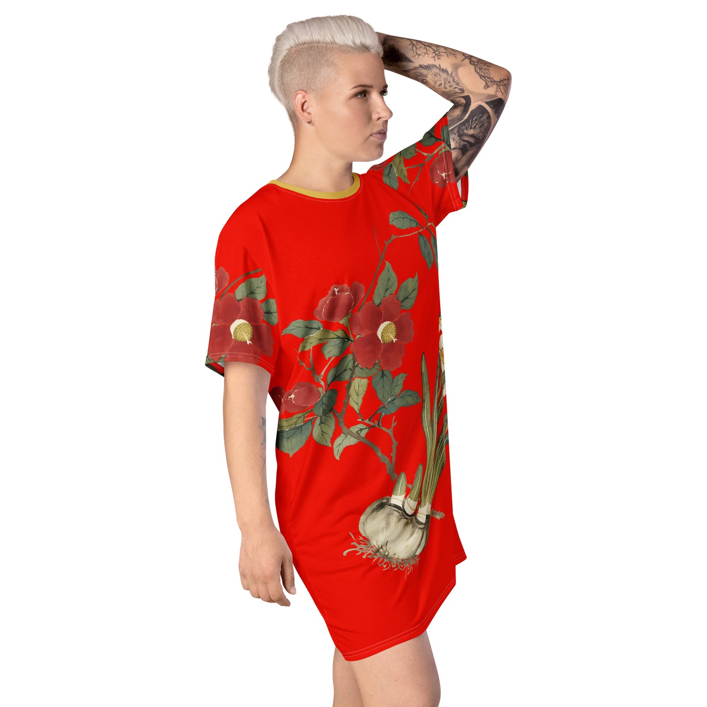 The Spirit of Flowers in Twelve Months｜Narcissus and Camelia in Bloom｜T-shirt dress｜Garnet red