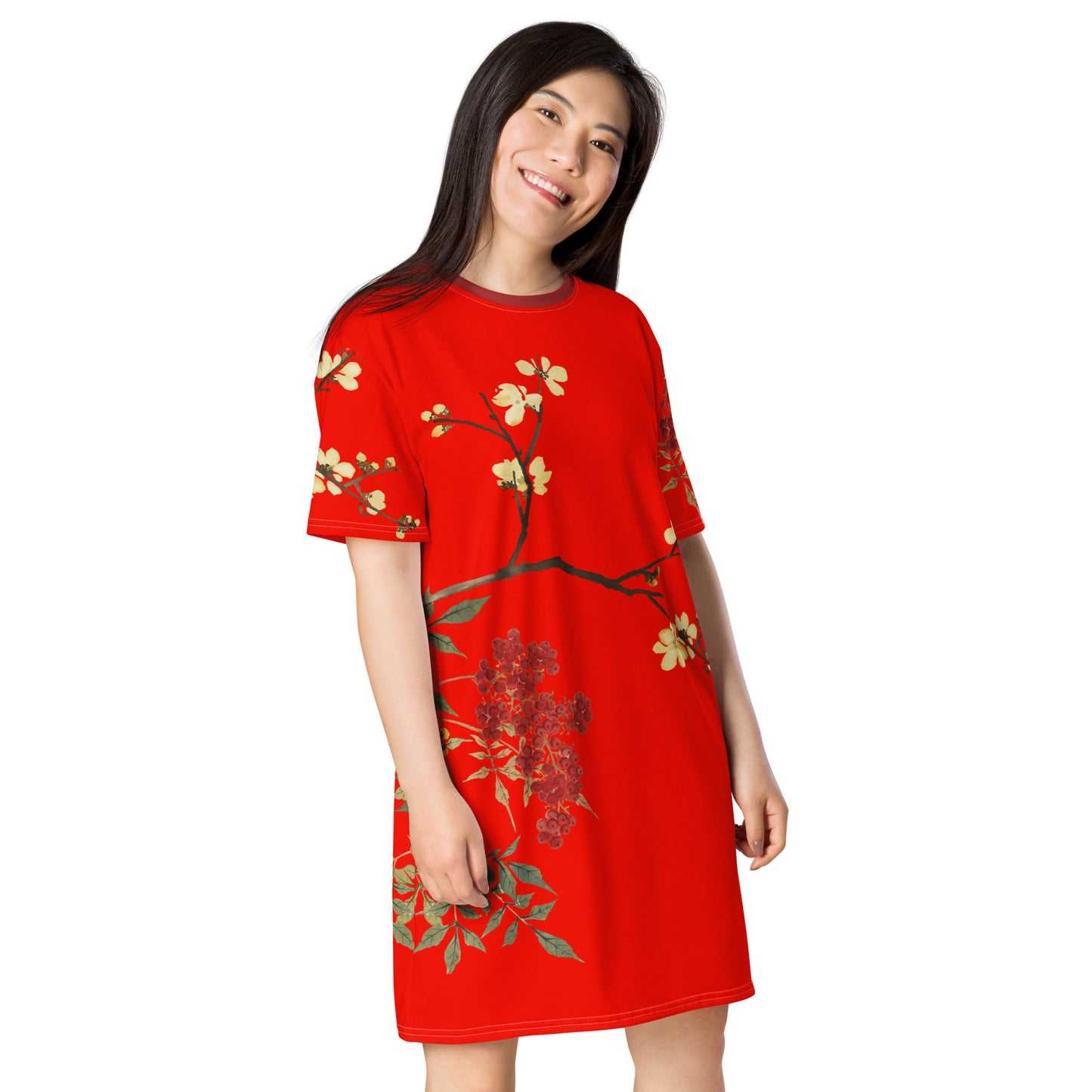 The Spirit of Flowers in Twelve Months｜Blooming Wintersweet and Heavenly Bamboo｜T-shirt dress｜Garnet red