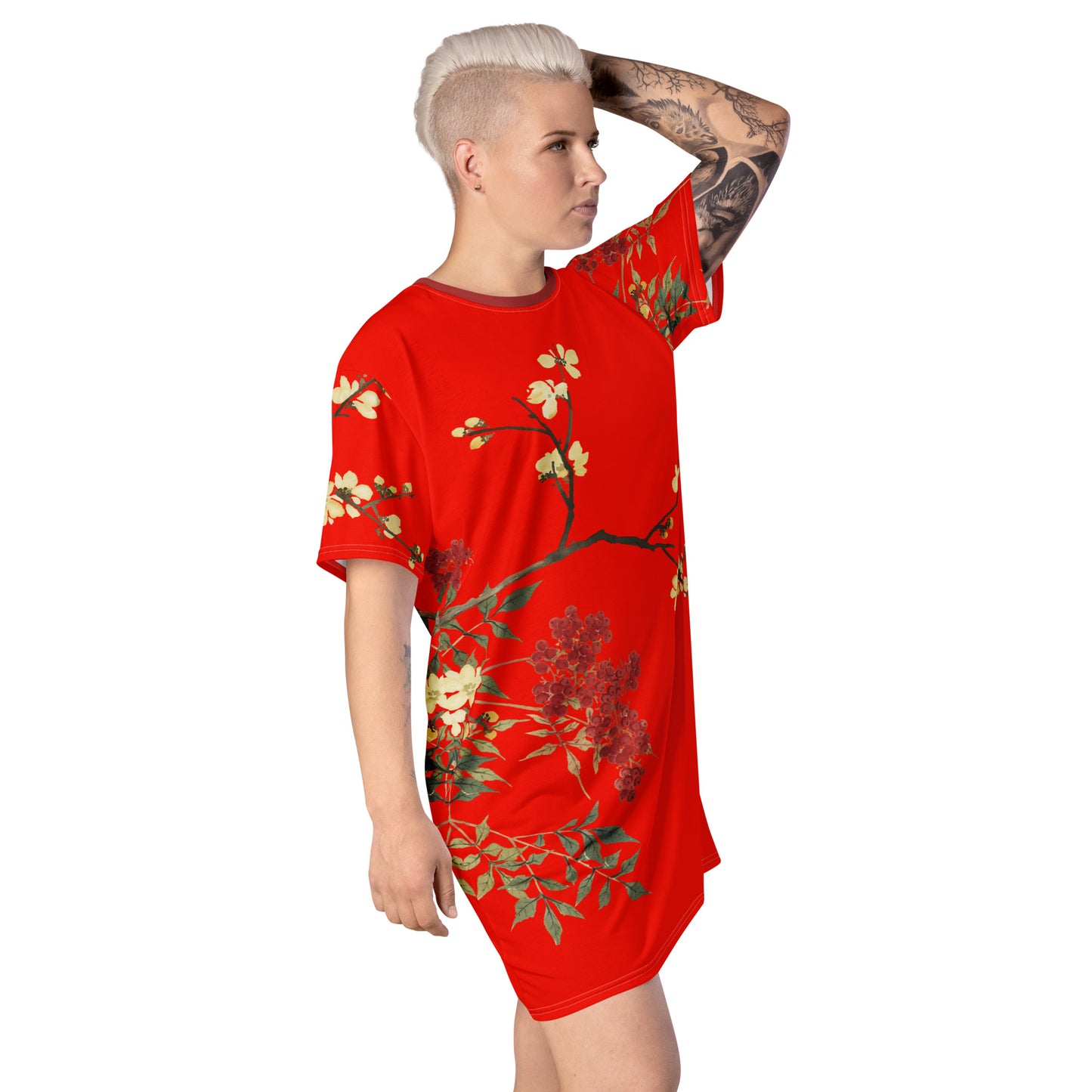 The Spirit of Flowers in Twelve Months｜Blooming Wintersweet and Heavenly Bamboo｜T-shirt dress｜Garnet red