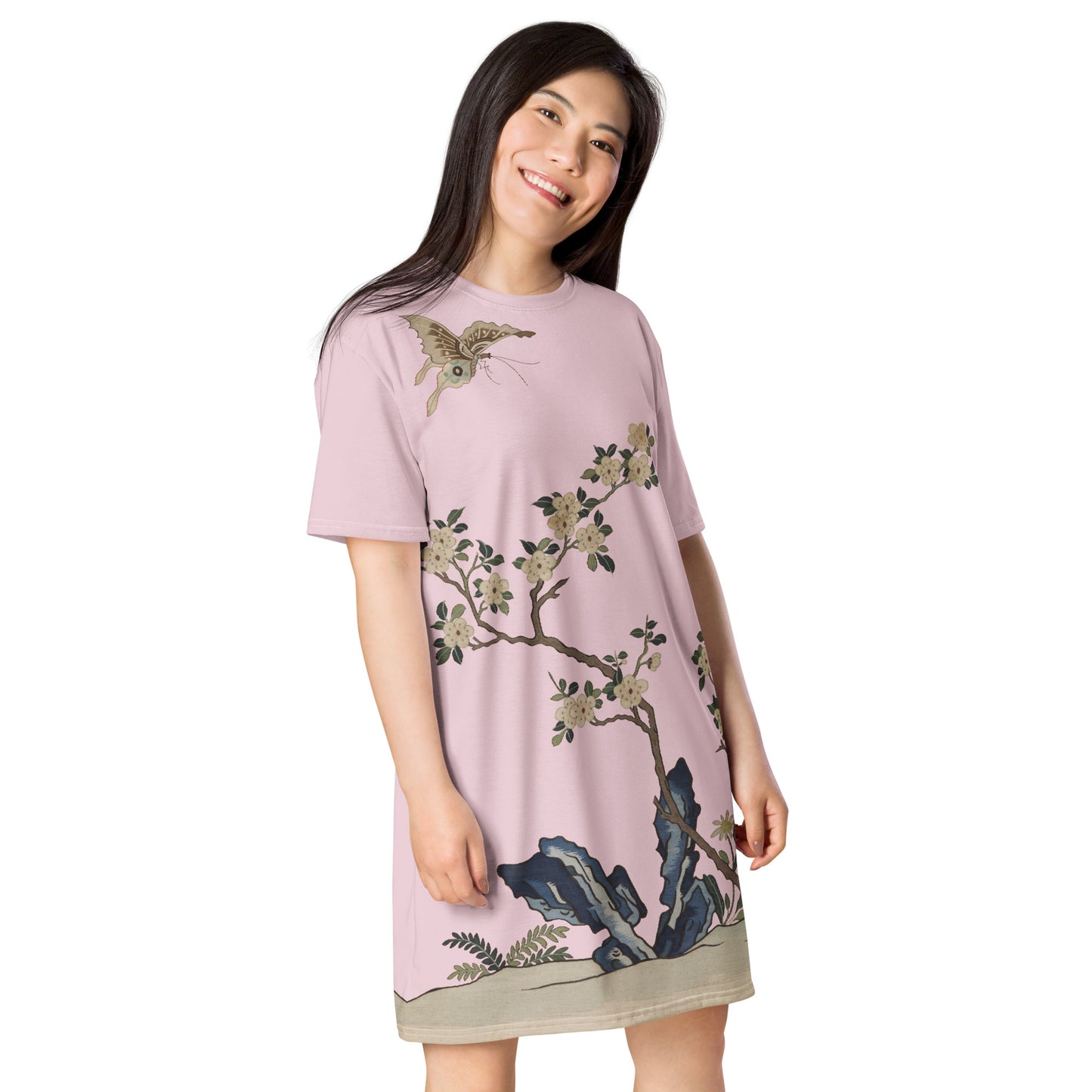 Kesi Flower Album｜White Plum Blossoms and Butterfly｜T-shirt dress｜Pale pinkish gray