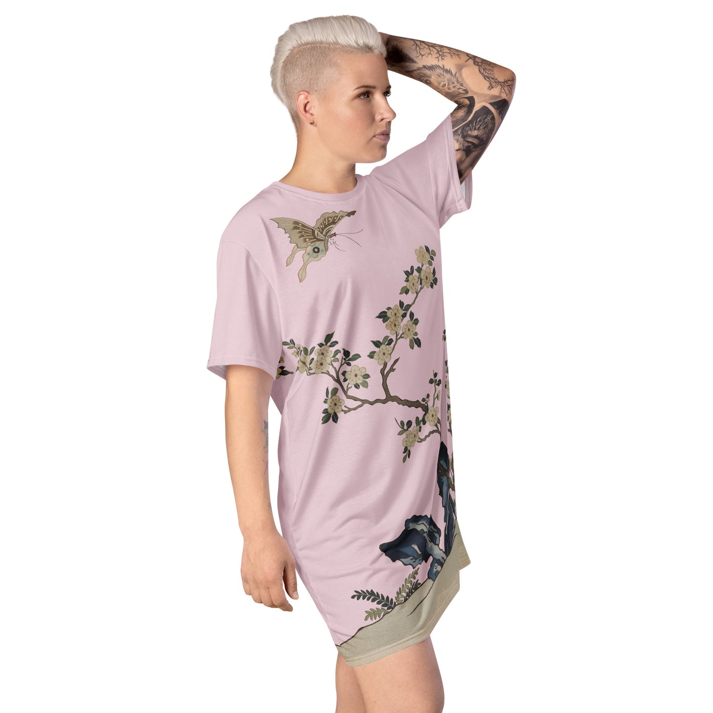 Kesi Flower Album｜White Plum Blossoms and Butterfly｜T-shirt dress｜Pale pinkish gray