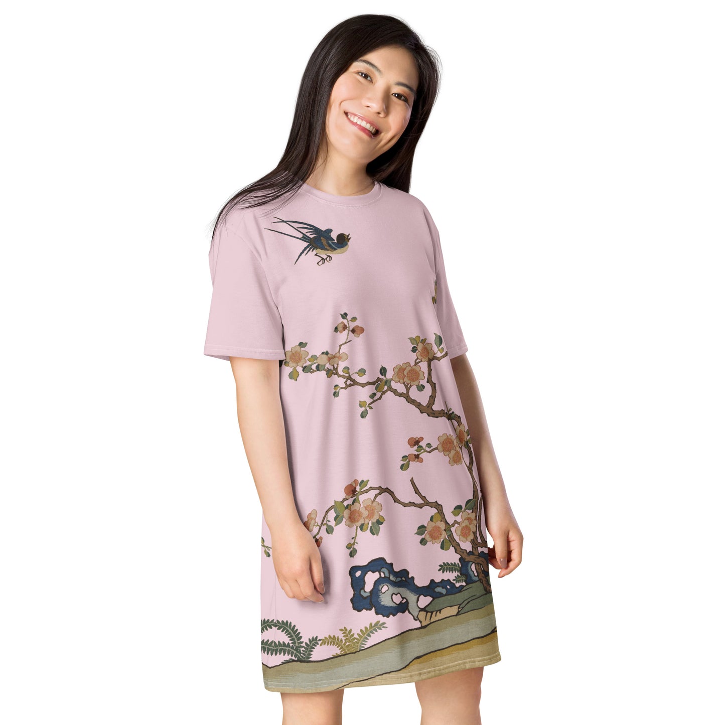 タペストリーの花｜Swallow in Flight, Harbinger of Spring｜Tシャツドレス｜Pale pinkish gray