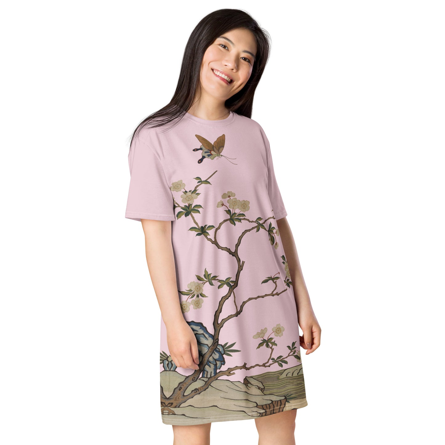 タペストリーの花｜Plum Blossoms and Butterfly｜Tシャツドレス｜Pale pinkish gray