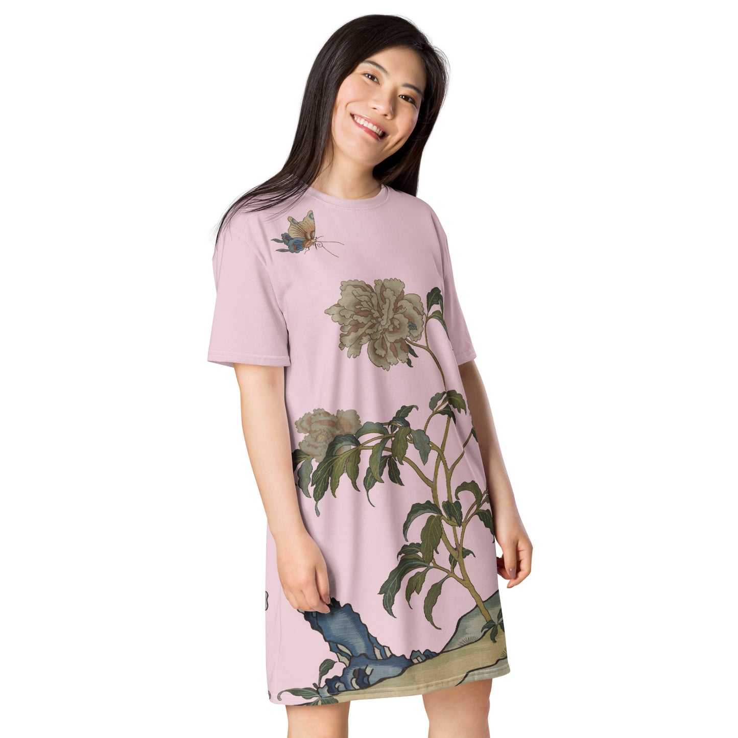 タペストリーの花｜Peonies and Butterfly｜Tシャツドレス｜Pale pinkish gray