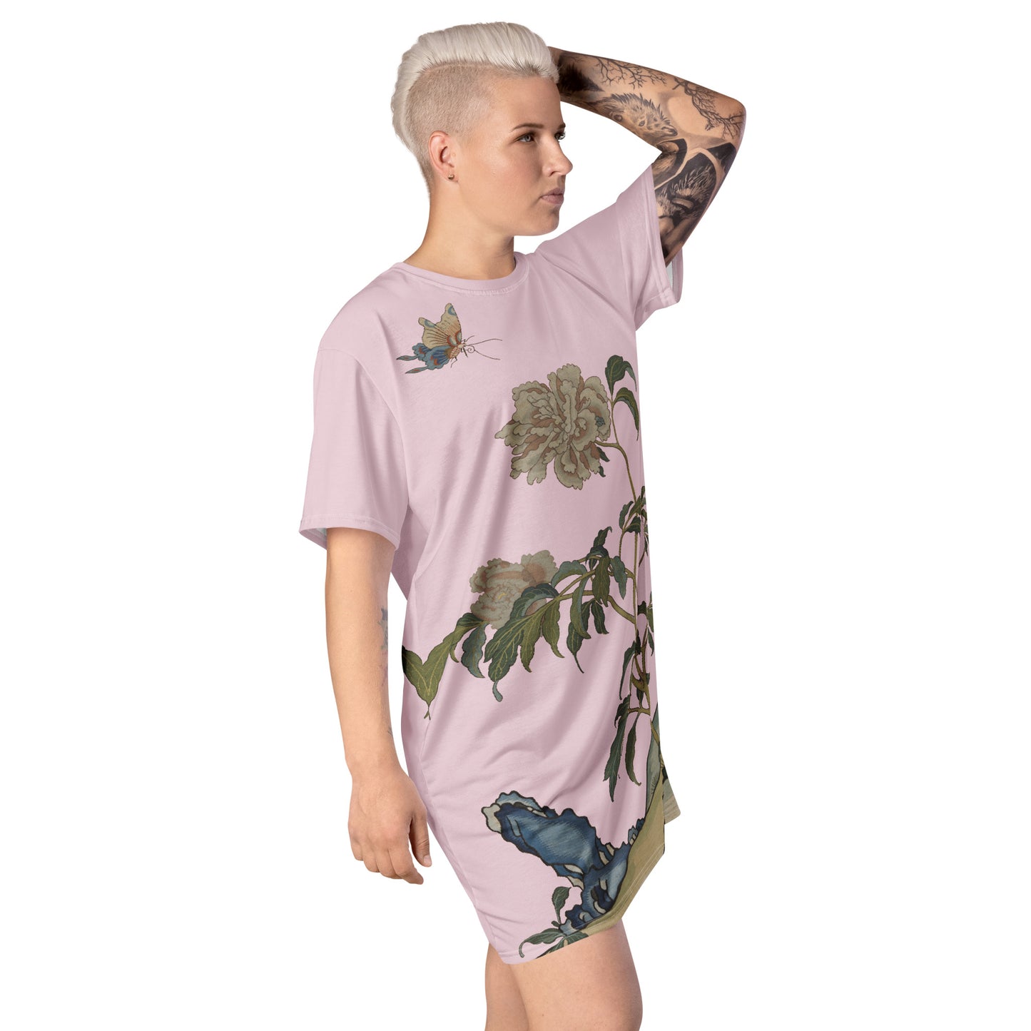 Kesi Flower Album｜Peonies and Butterfly｜T-shirt dress｜Pale pinkish gray