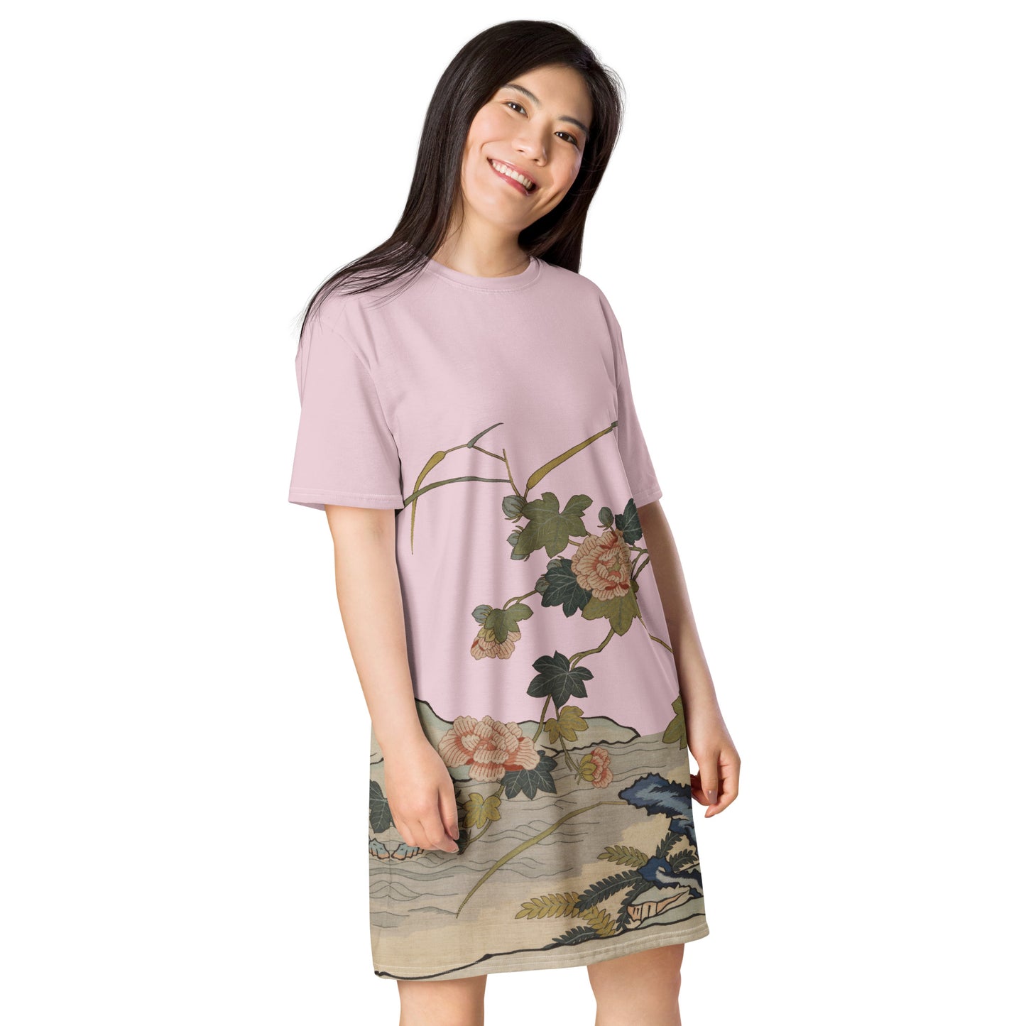 タペストリーの花｜水辺のハイビスカス｜Tシャツドレス｜Pale pinkish gray