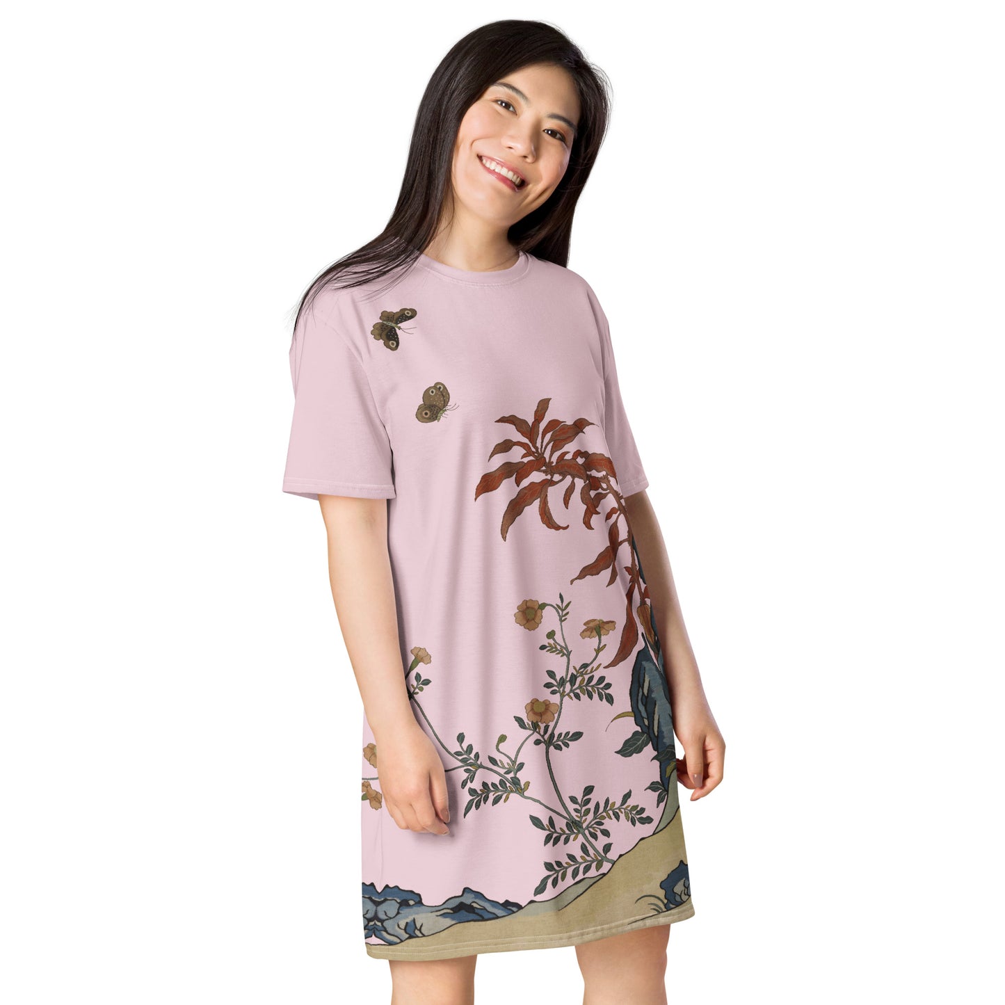 Kesi Flower Album｜Butterflies and Flowers｜T-shirt dress｜Pale pinkish gray