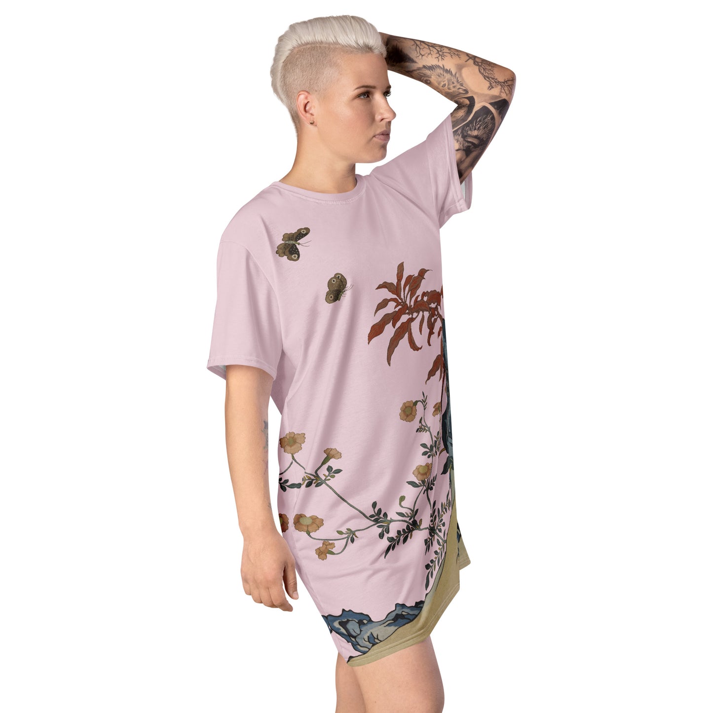 Kesi Flower Album｜Butterflies and Flowers｜T-shirt dress｜Pale pinkish gray