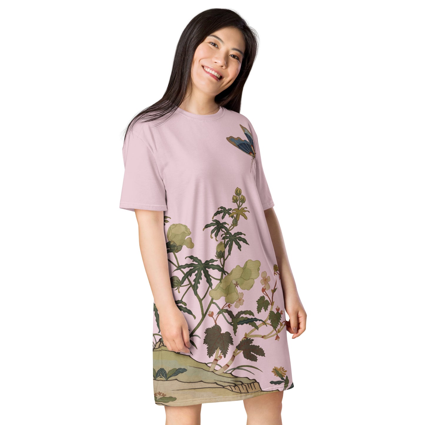 Kesi Flower Album｜Hibiscus and Begonia Blossoms｜T-shirt dress｜Pale pinkish gray