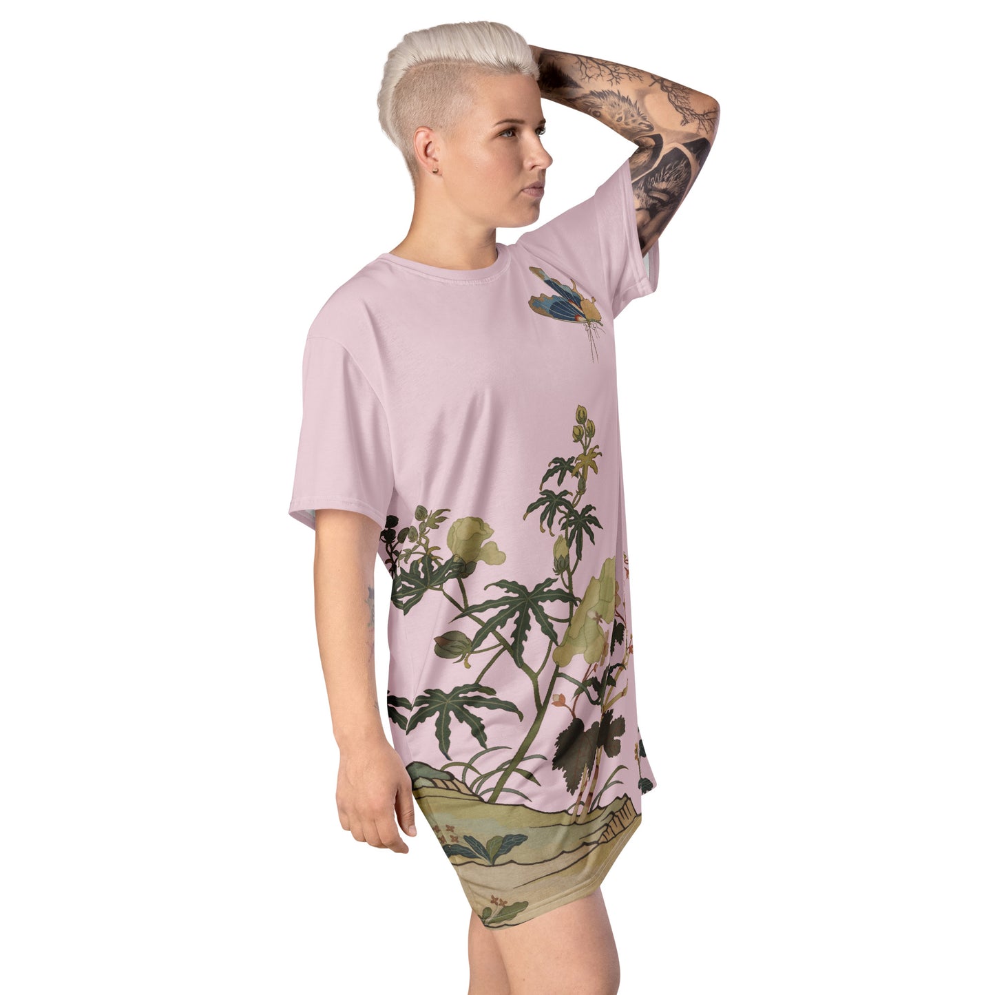 Kesi Flower Album｜Hibiscus and Begonia Blossoms｜T-shirt dress｜Pale pinkish gray