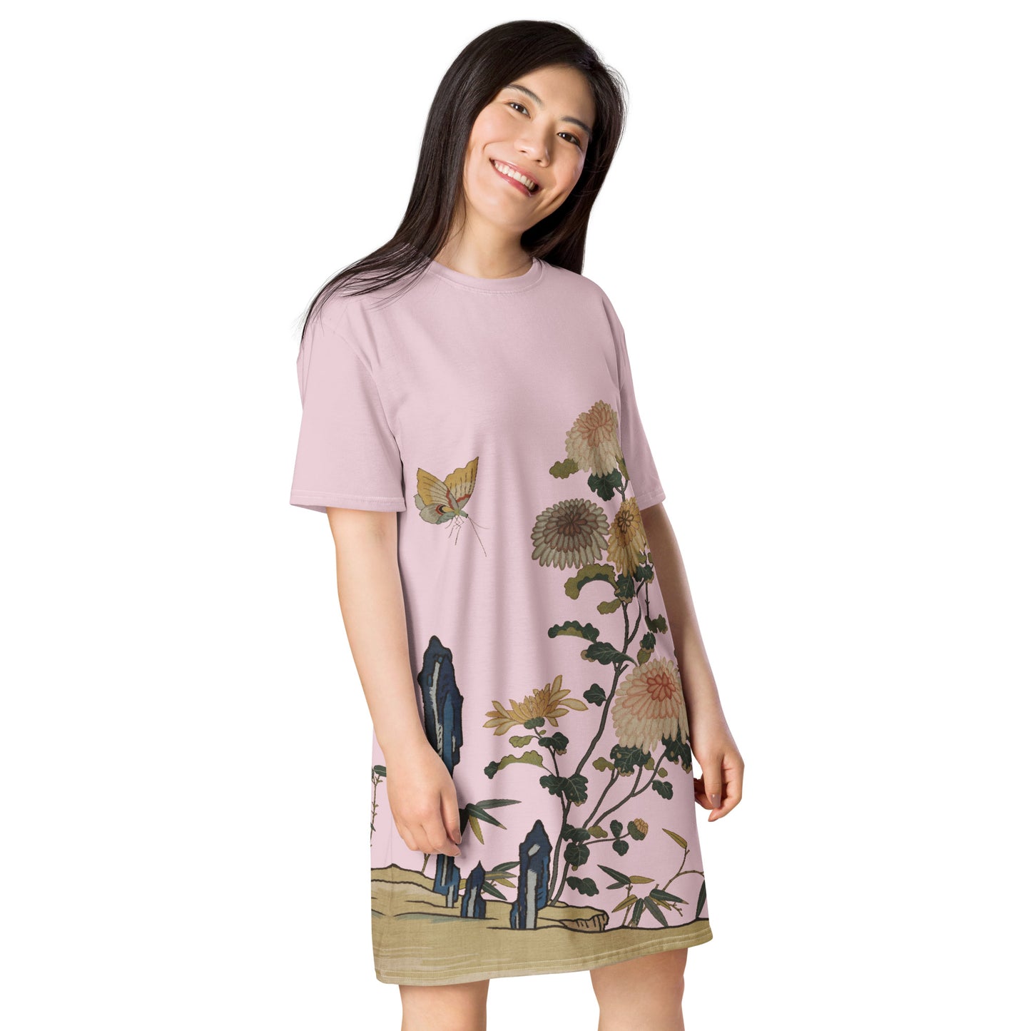 Kesi Flower Album｜Chrysanthemums and Butterflies｜T-shirt dress｜Pale pinkish gray