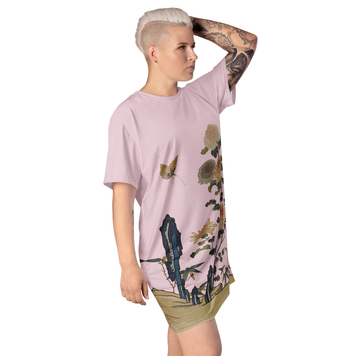 Kesi Flower Album｜Chrysanthemums and Butterflies｜T-shirt dress｜Pale pinkish gray