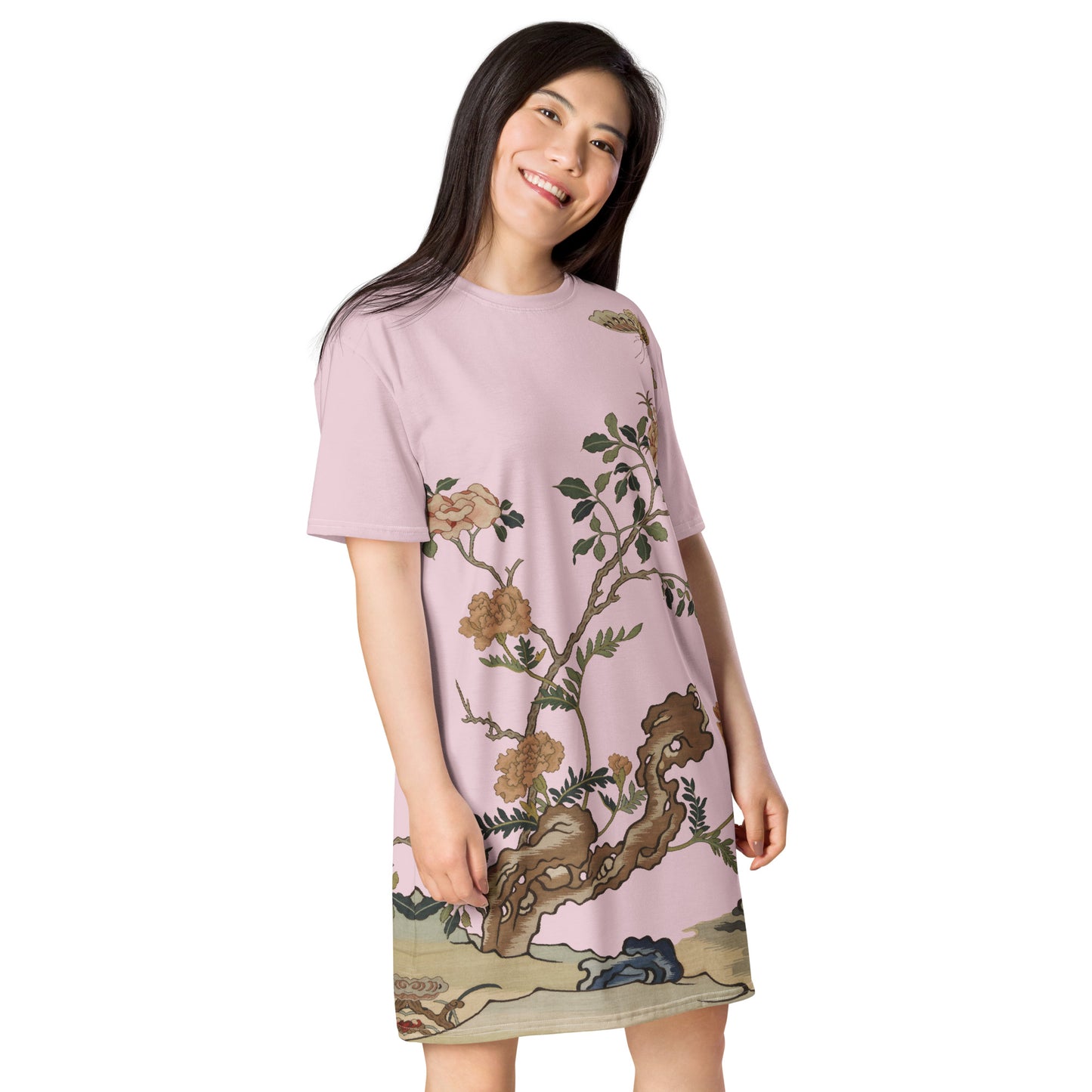 Kesi Flower Album｜Camellia and Butterfly｜T-shirt dress｜Pale pinkish gray