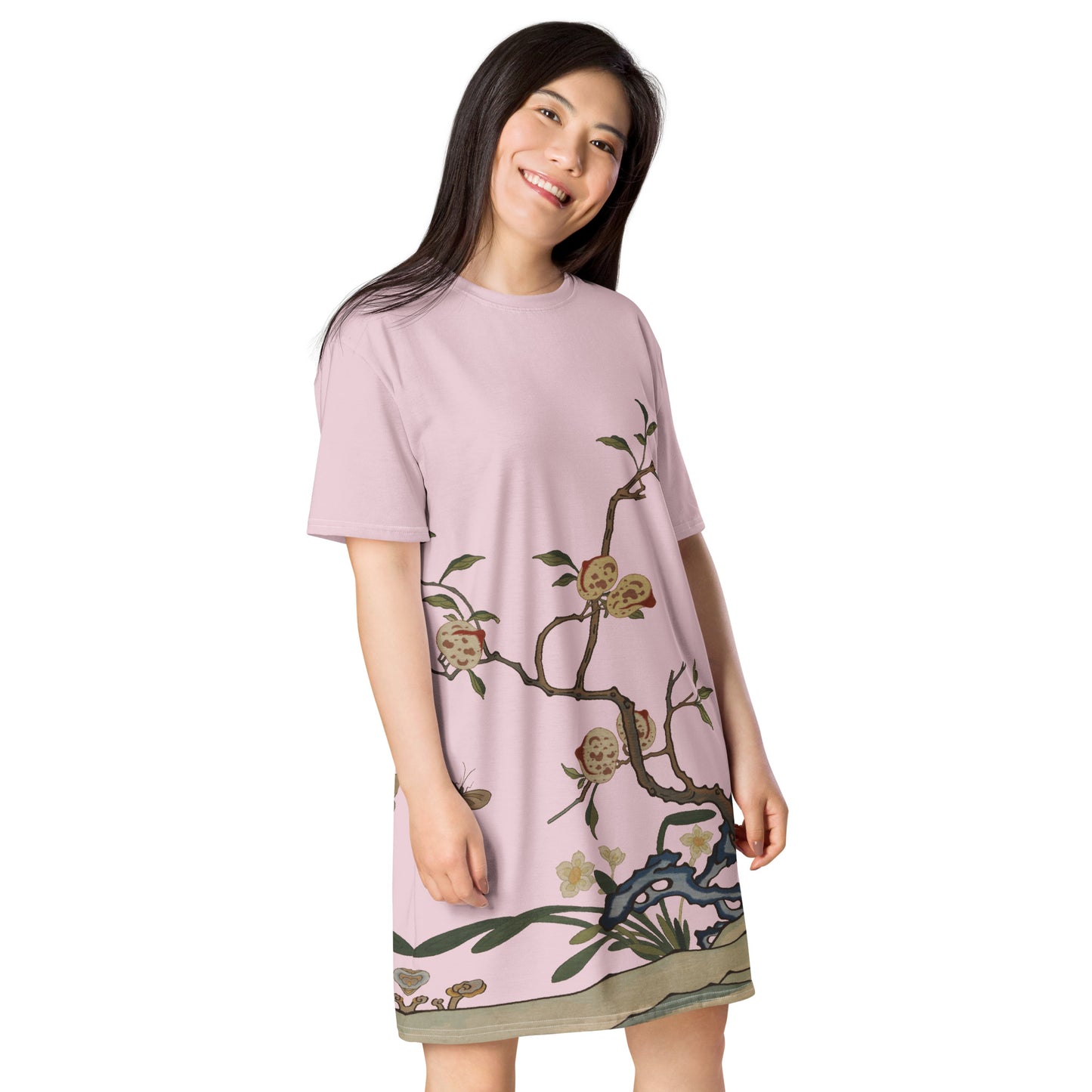 Kesi Flower Album｜Narcissus and Peaches｜T-shirt dress｜Pale pinkish gray