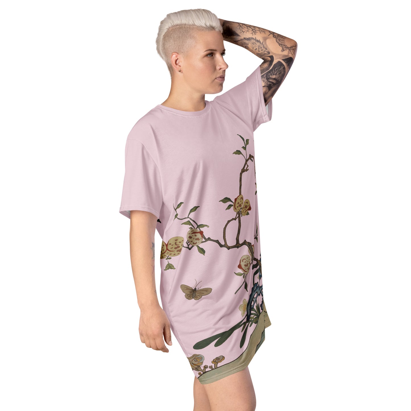 Kesi Flower Album｜Narcissus and Peaches｜T-shirt dress｜Pale pinkish gray