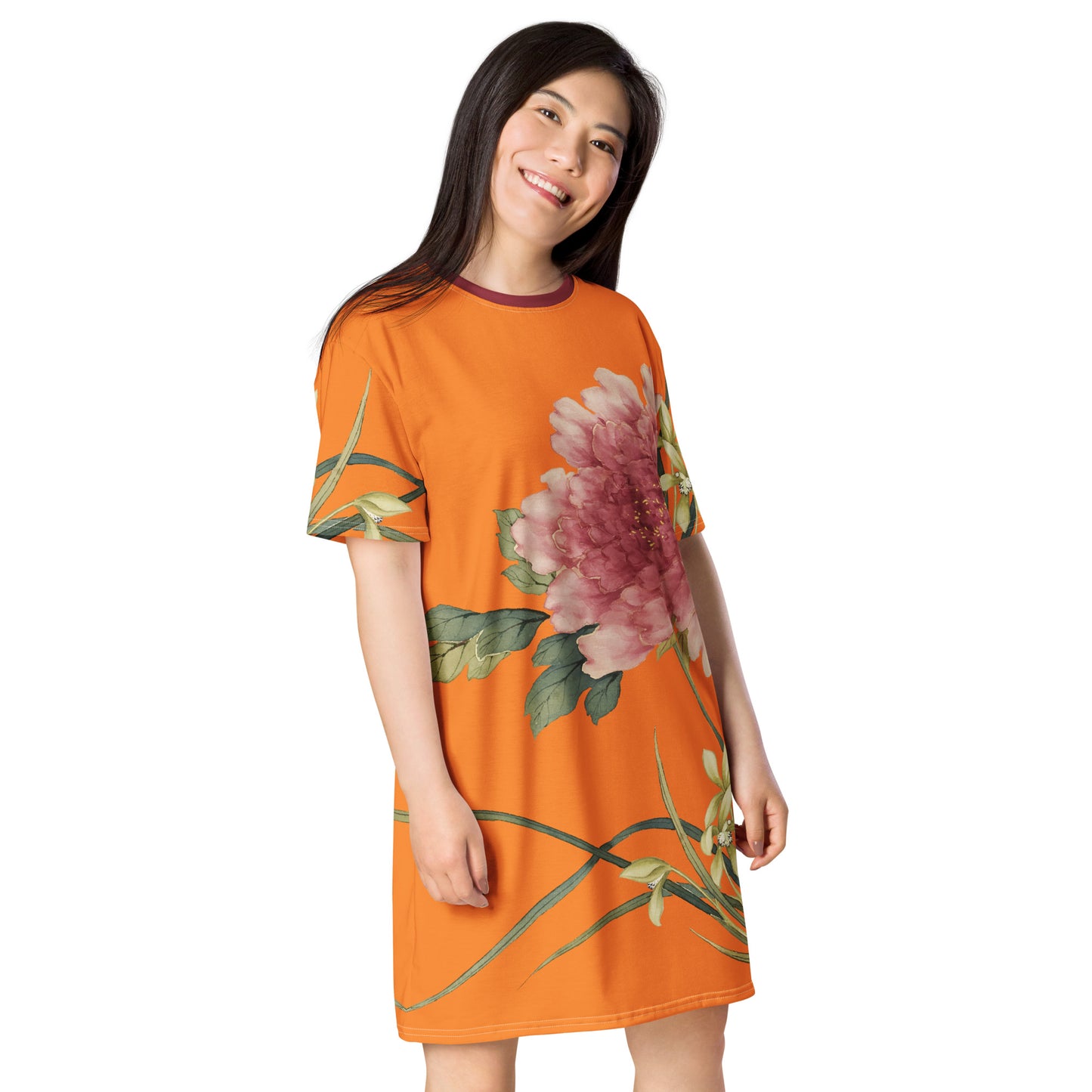 The Spirit of Flowers in Twelve Months｜Orchid and Tree Peony in Bloom｜T-shirt dress｜Orange