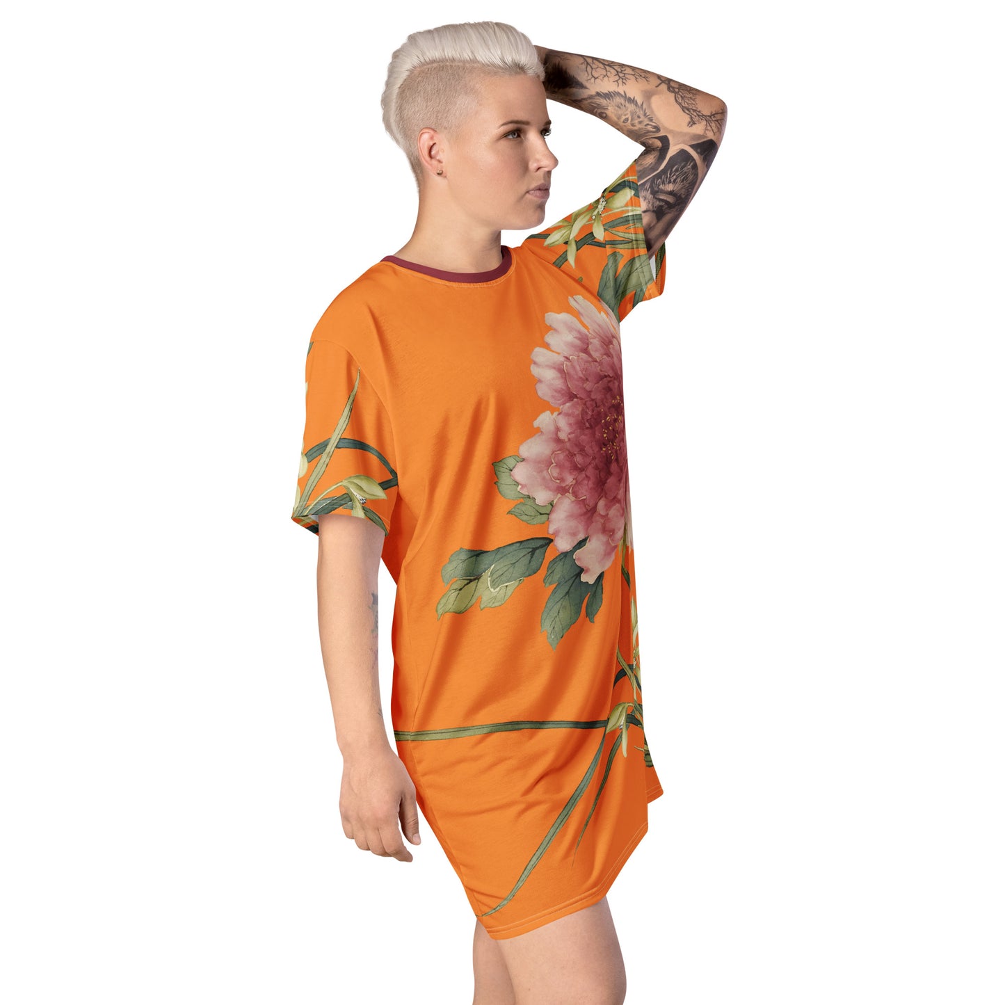 The Spirit of Flowers in Twelve Months｜Orchid and Tree Peony in Bloom｜T-shirt dress｜Orange