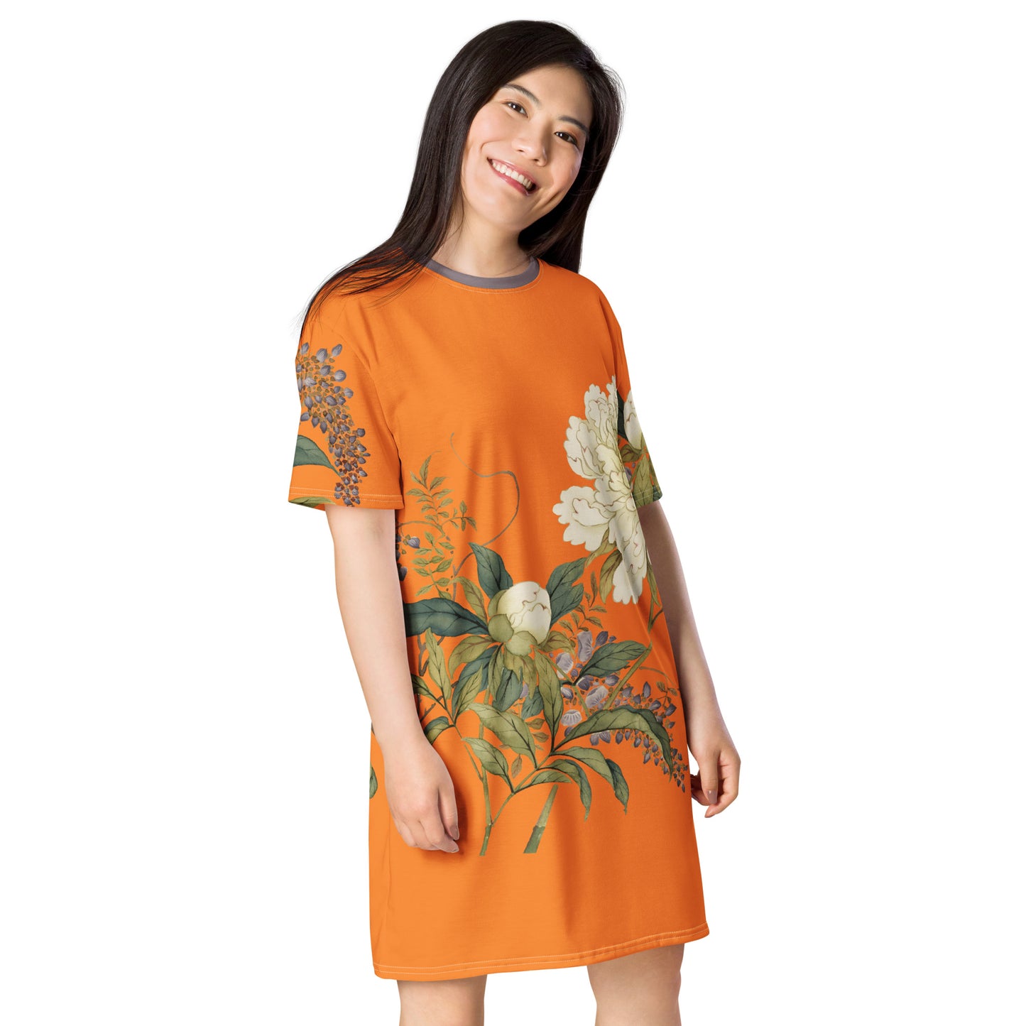 The Spirit of Flowers in Twelve Months｜Chinese Peony and Wisteria in Bloom｜T-shirt dress｜Orange