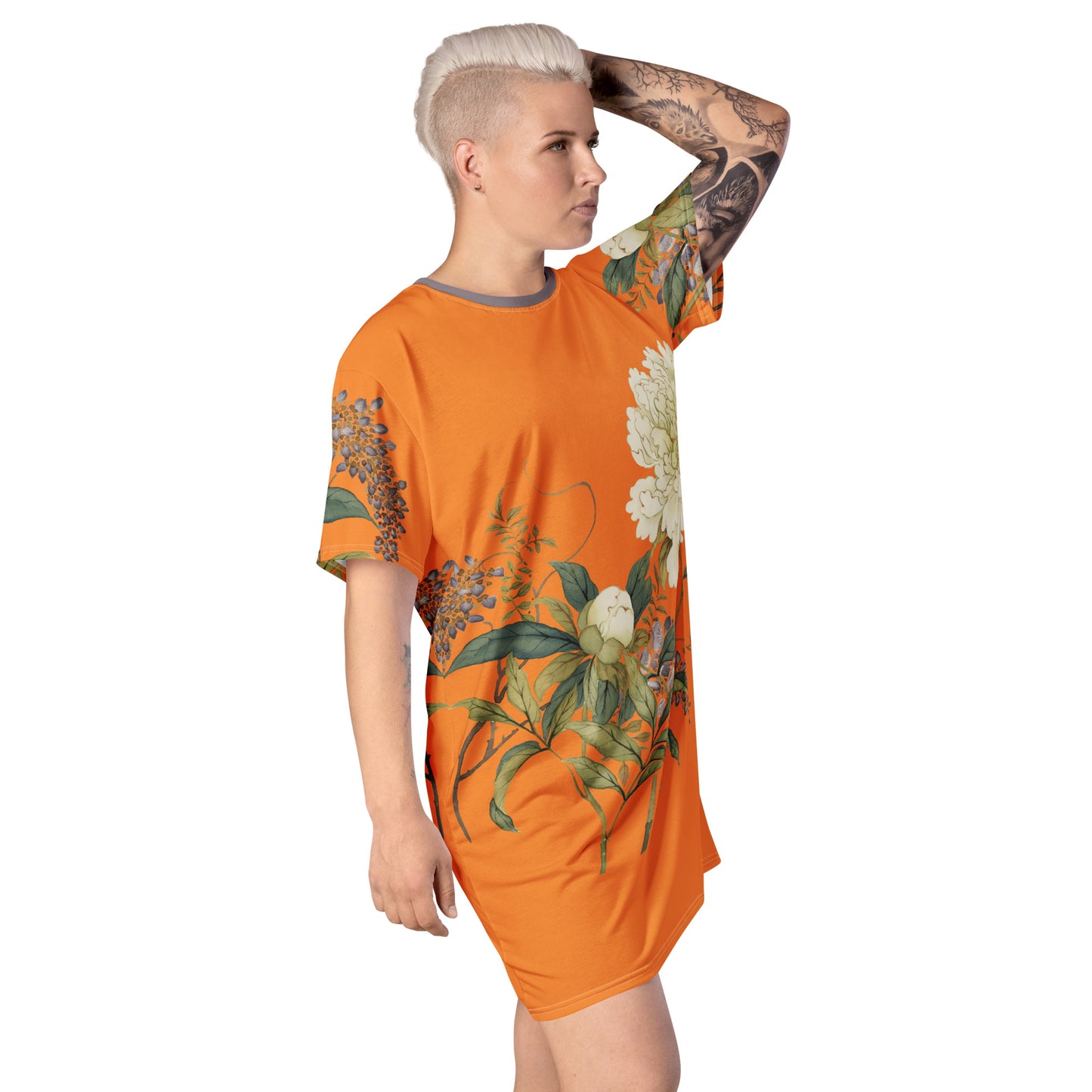 The Spirit of Flowers in Twelve Months｜Chinese Peony and Wisteria in Bloom｜T-shirt dress｜Orange