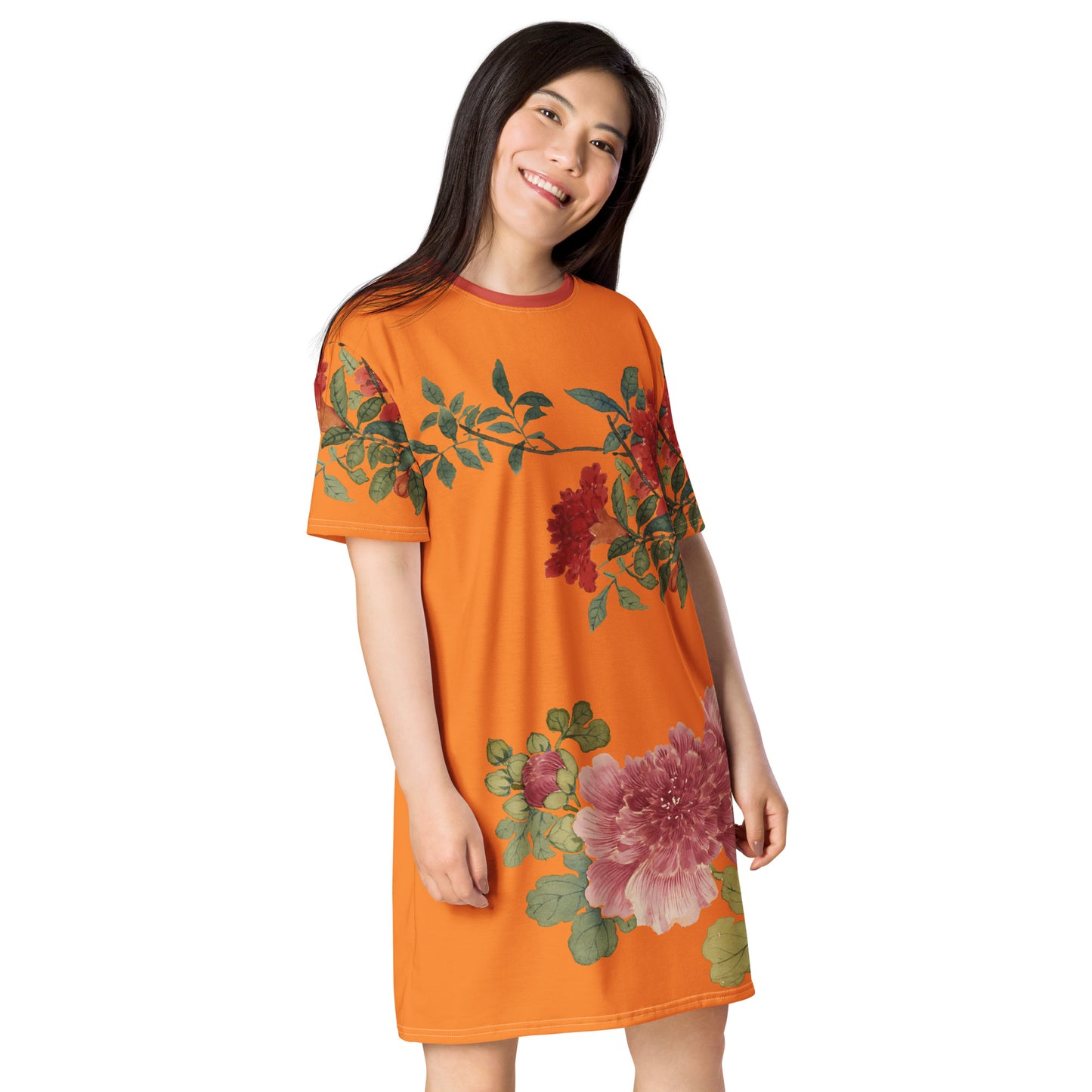 The Spirit of Flowers in Twelve Months｜Hollyhock and Pomegranate in Bloom｜T-shirt dress｜Orange