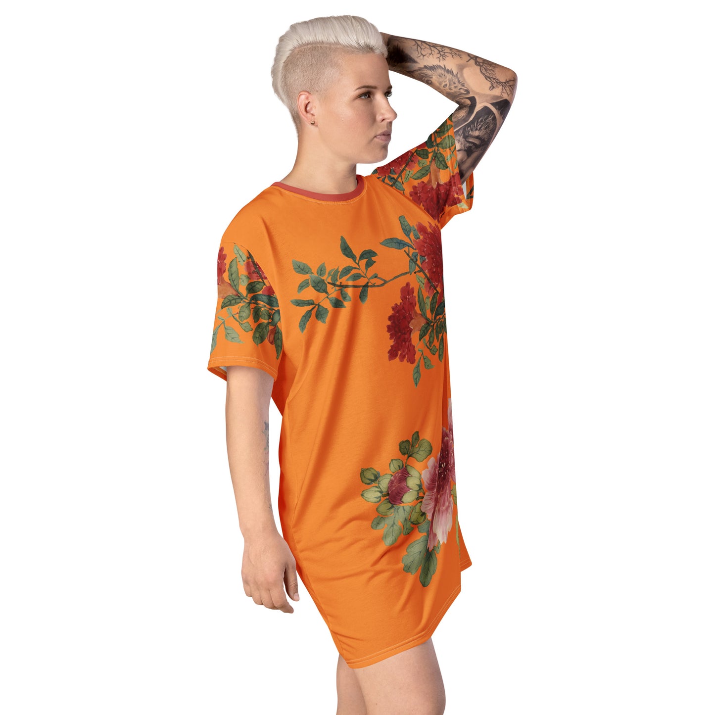 The Spirit of Flowers in Twelve Months｜Hollyhock and Pomegranate in Bloom｜T-shirt dress｜Orange