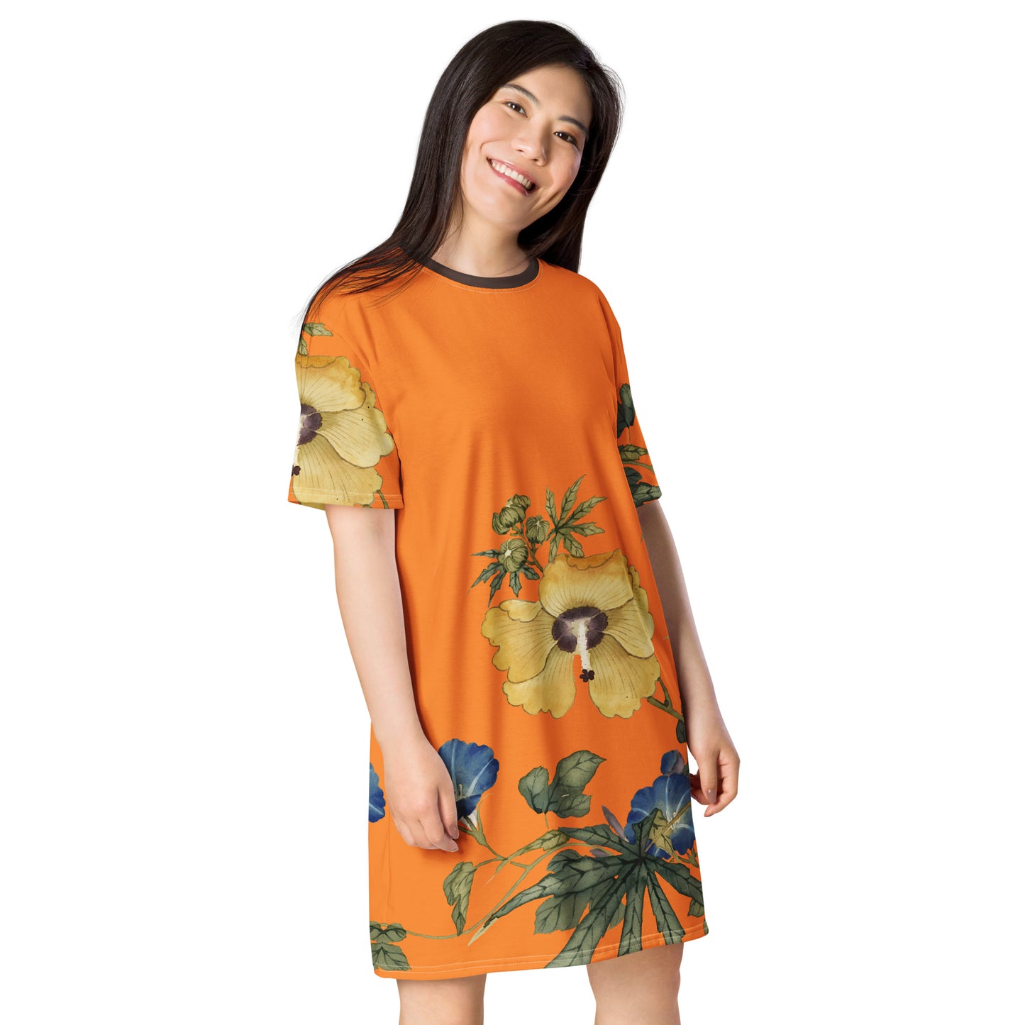 The Spirit of Flowers in Twelve Months｜Okra and White-edged Morning Glory in Bloom｜T-shirt dress｜Orange