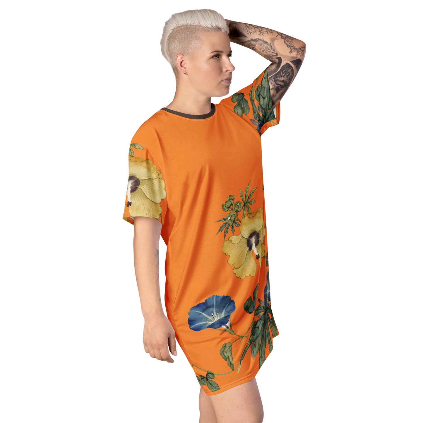 The Spirit of Flowers in Twelve Months｜Okra and White-edged Morning Glory in Bloom｜T-shirt dress｜Orange