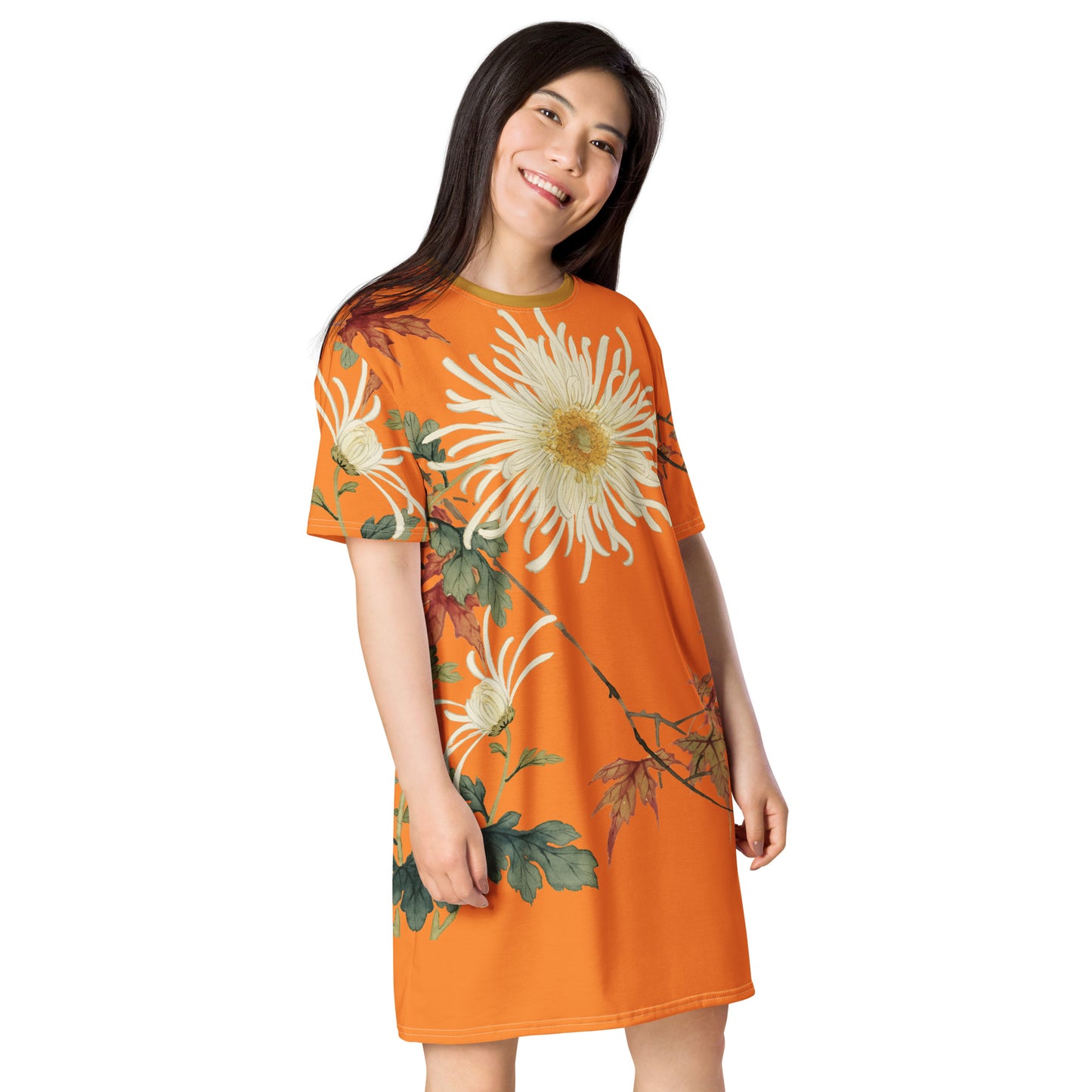 The Spirit of Flowers in Twelve Months｜Blooming Chrysanthemum and Maple Leaves｜T-shirt dress｜Orange