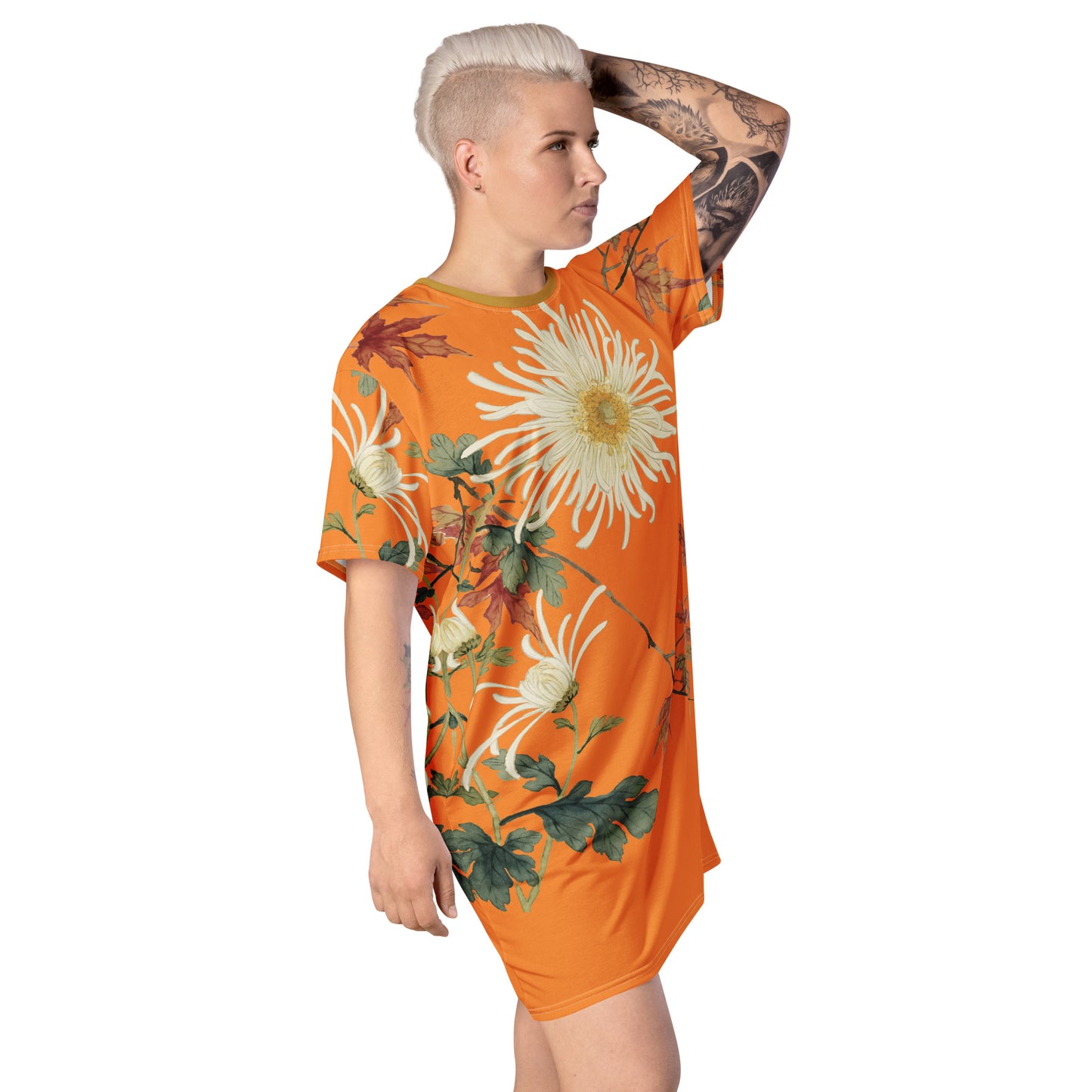 The Spirit of Flowers in Twelve Months｜Blooming Chrysanthemum and Maple Leaves｜T-shirt dress｜Orange