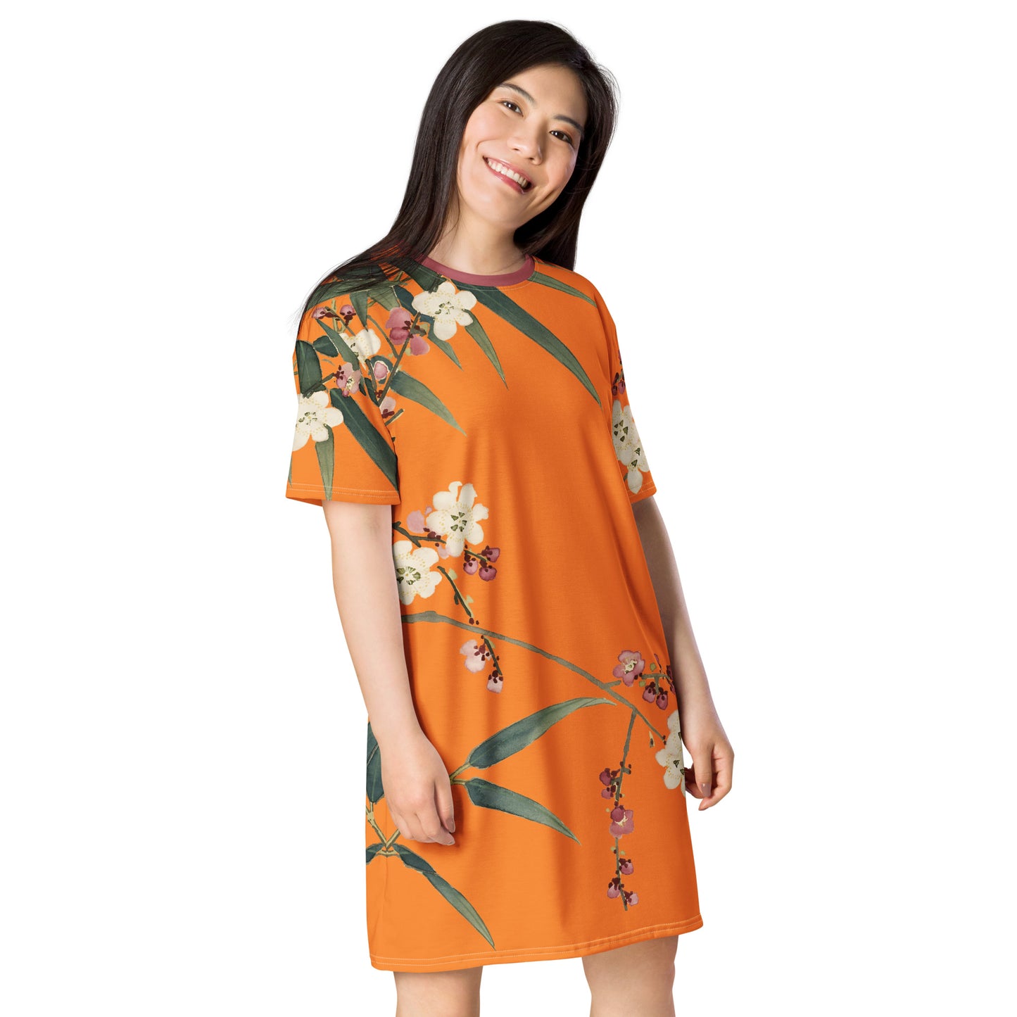 The Spirit of Flowers in Twelve Months｜Crimson Plum Blossom and Lush Green Bamboo｜T-shirt dress｜Orange