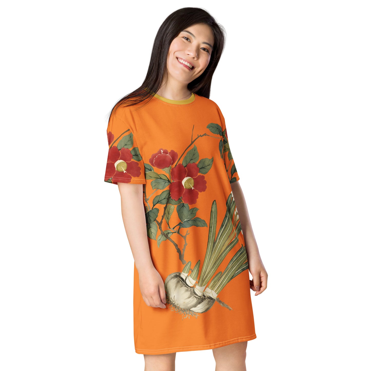 The Spirit of Flowers in Twelve Months｜Narcissus and Camelia in Bloom｜T-shirt dress｜Orange