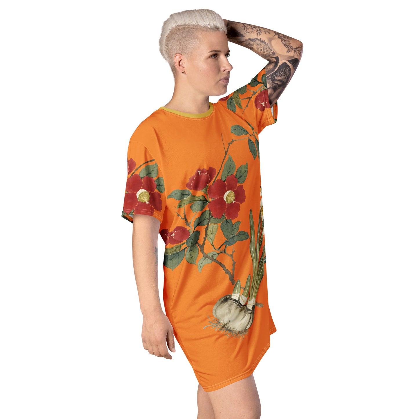 The Spirit of Flowers in Twelve Months｜Narcissus and Camelia in Bloom｜T-shirt dress｜Orange